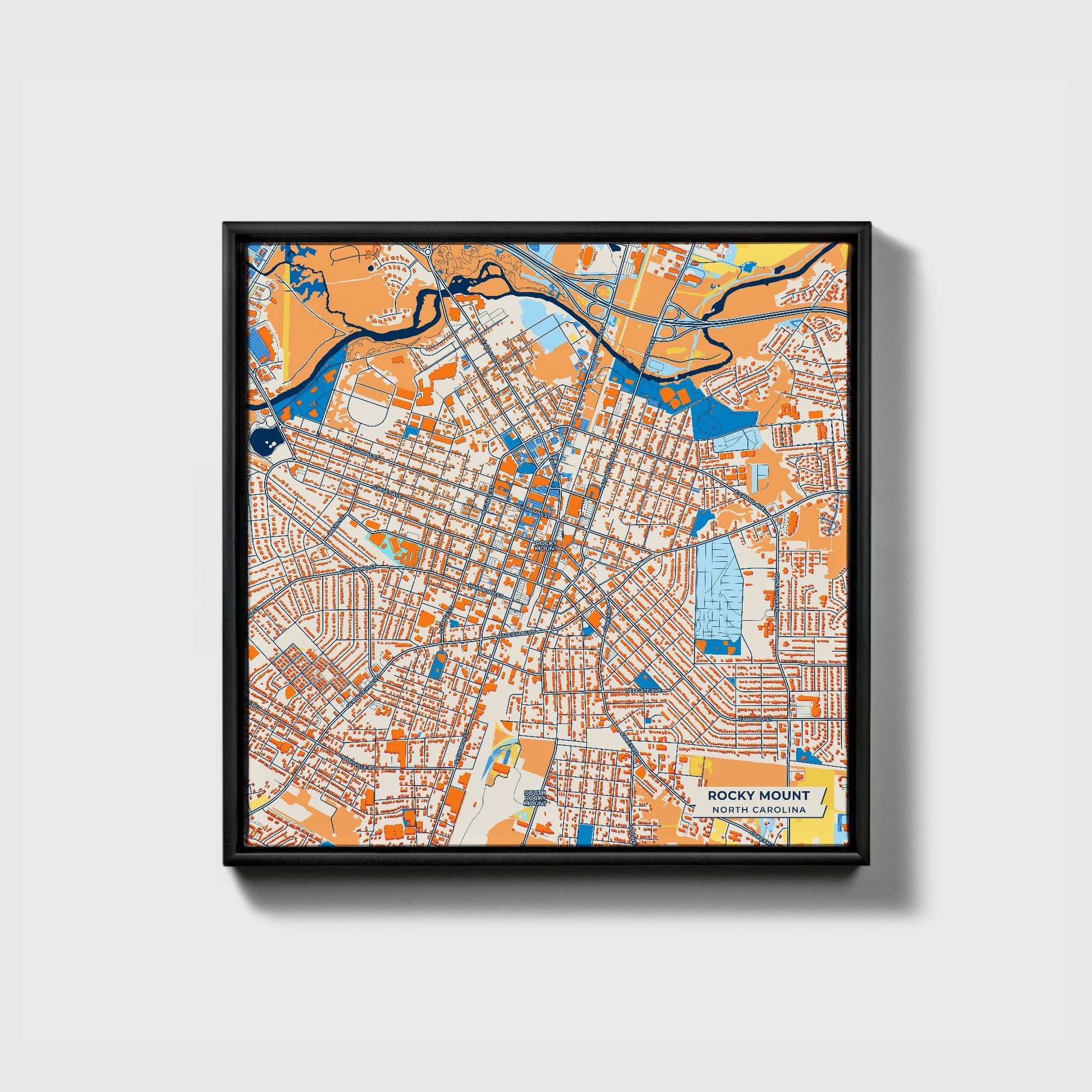 Rocky Mount North Carolina Colorful City Map Canvas Print • Black Framed