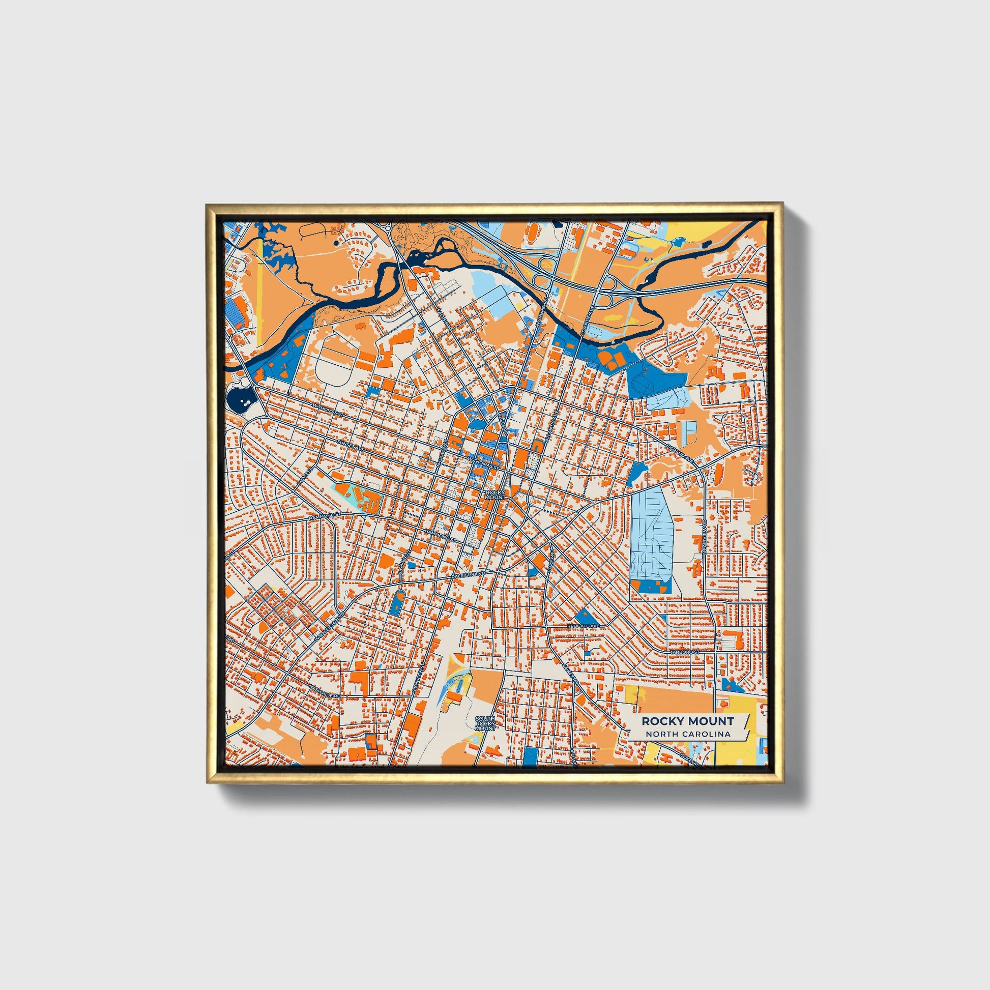 Rocky Mount North Carolina Colorful City Map Canvas Print • Gold Framed
