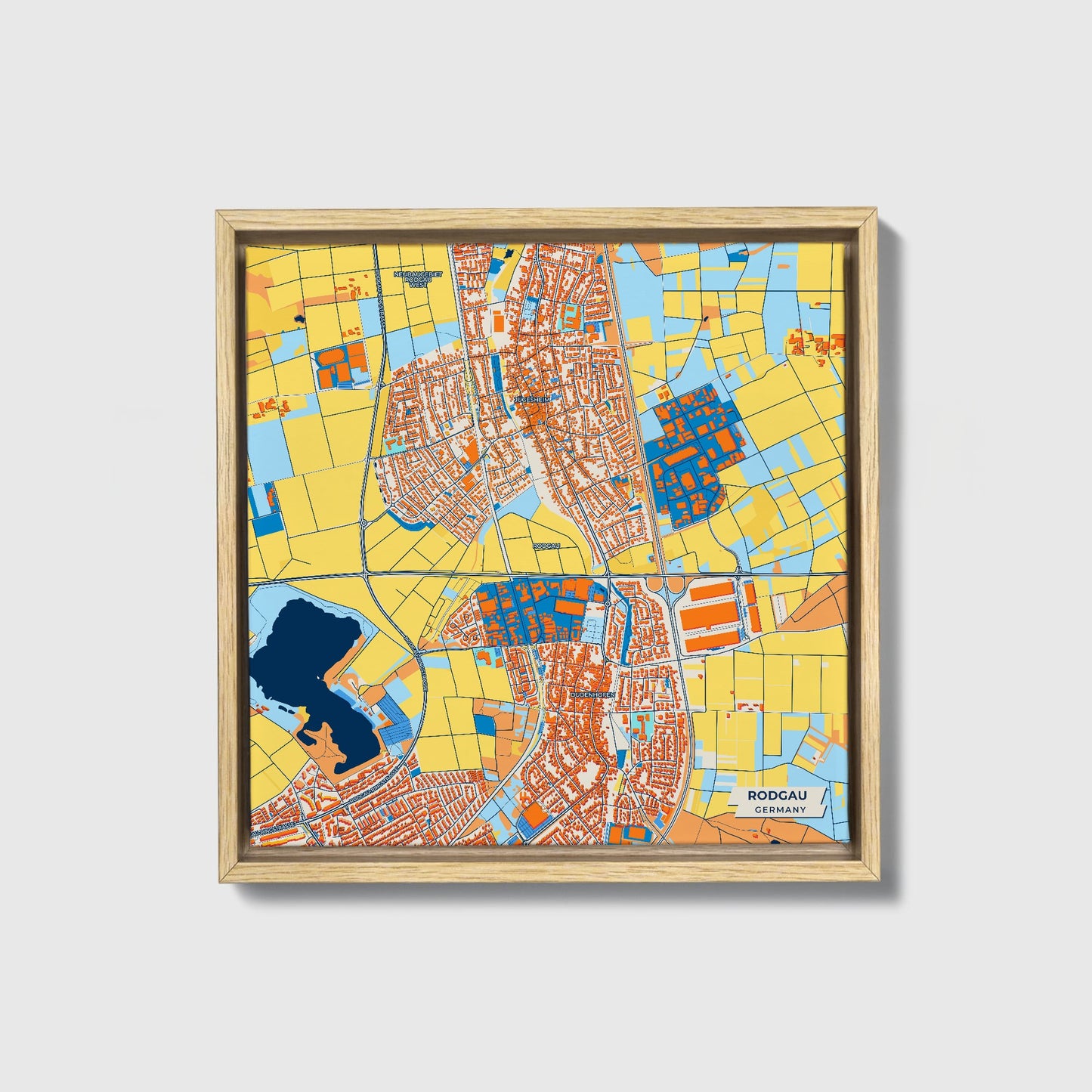 Rodgau Germany Colorful City Map Canvas Print • Natural Wooden Framed