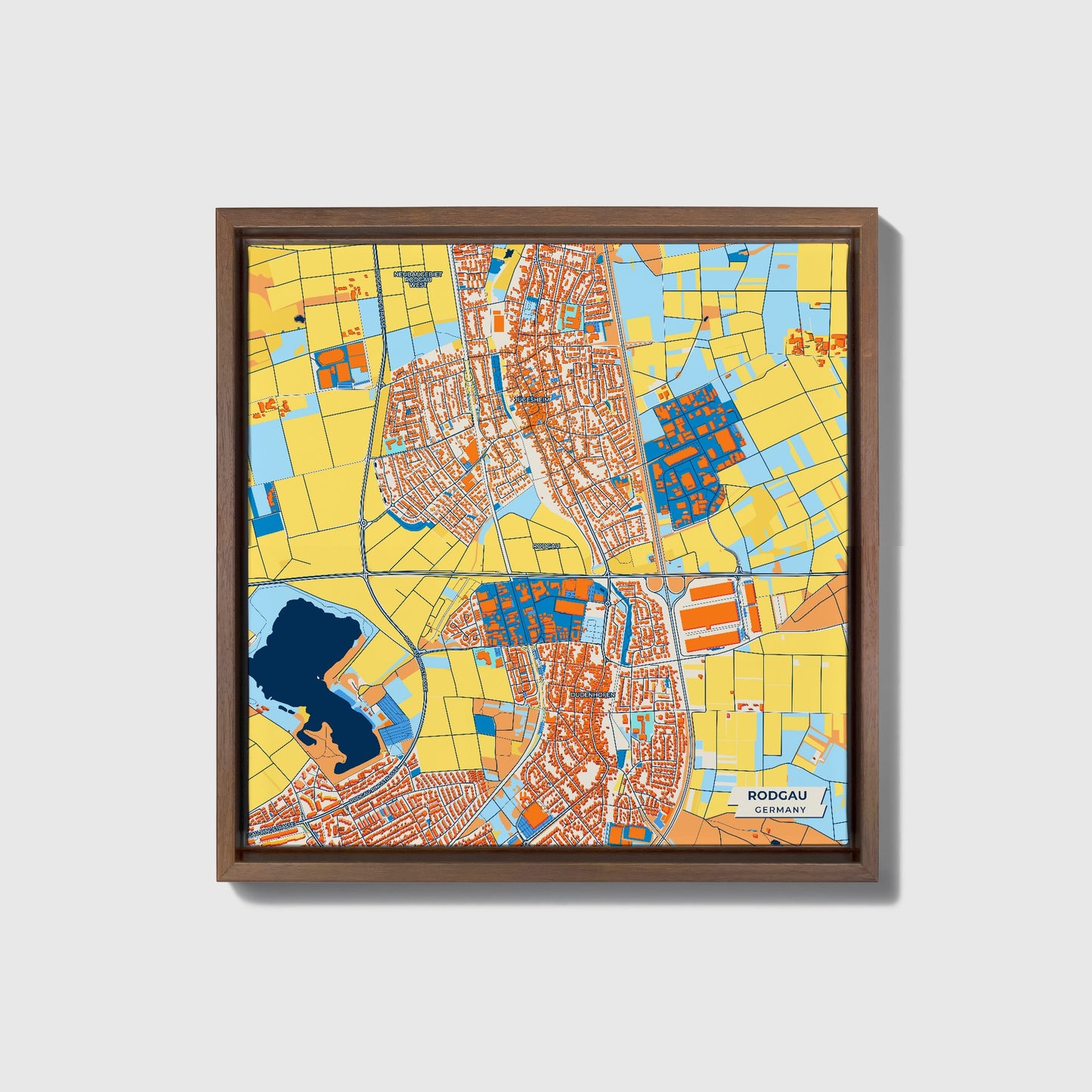 Rodgau Germany Colorful City Map Canvas Print • Dark Wooden Framed