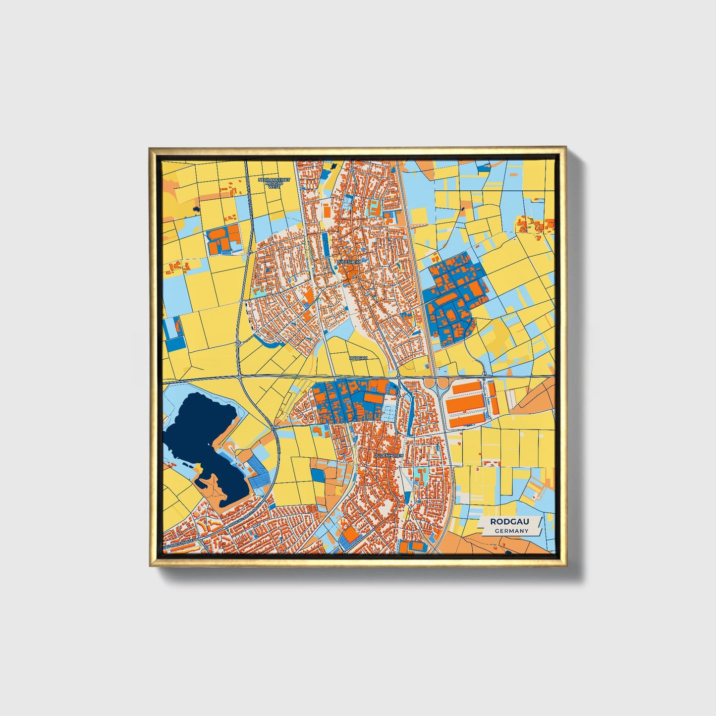 Rodgau Germany Colorful City Map Canvas Print • Gold Framed