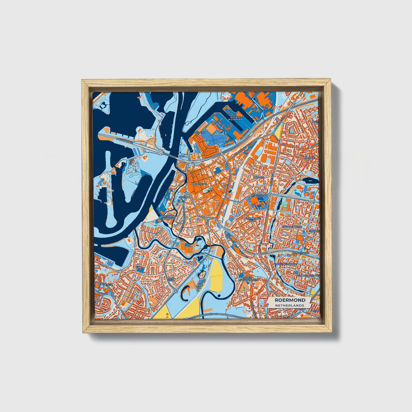 Roermond Netherlands Colorful City Map Canvas Print • Natural Wooden Framed