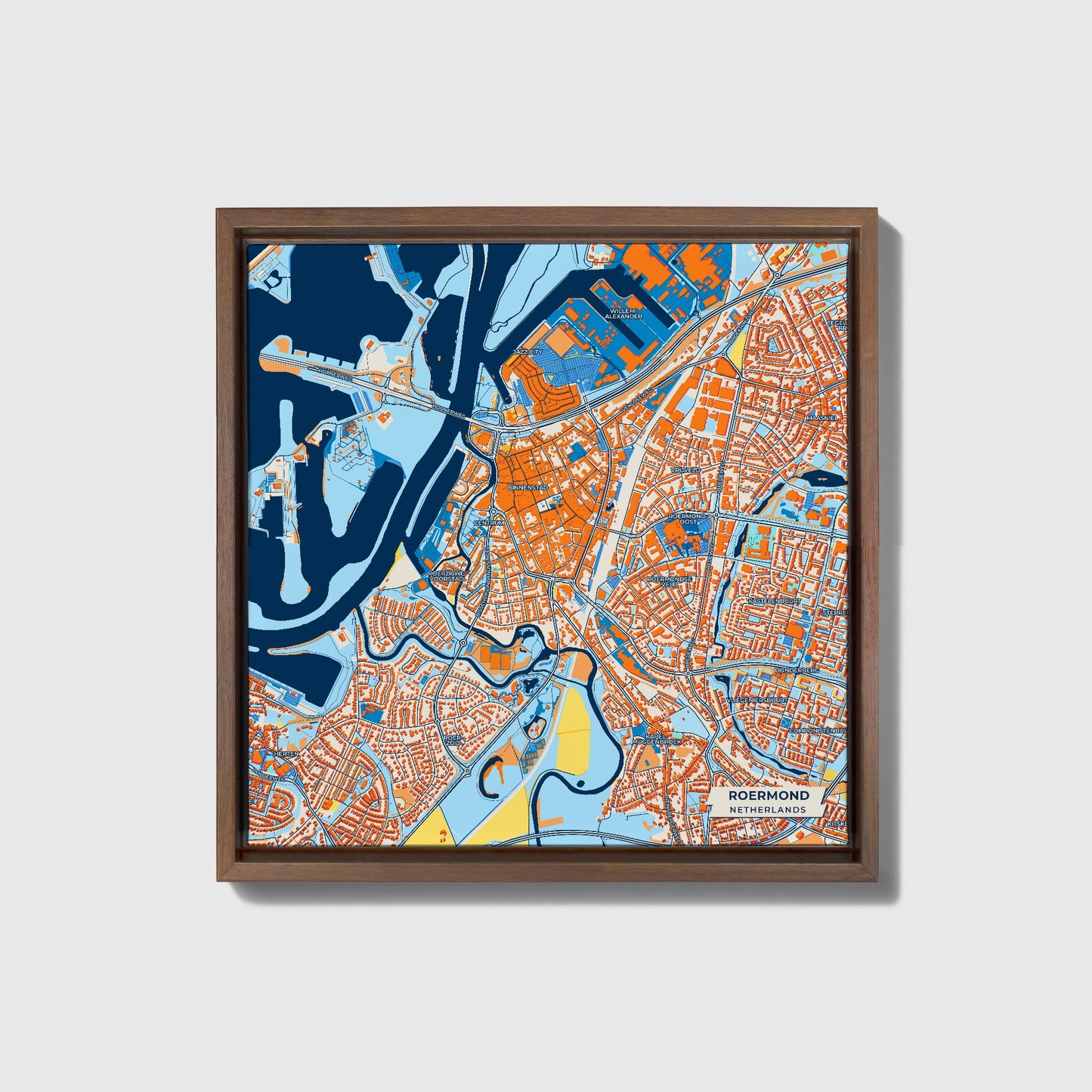 Roermond Netherlands Colorful City Map Canvas Print • Dark Wooden Framed