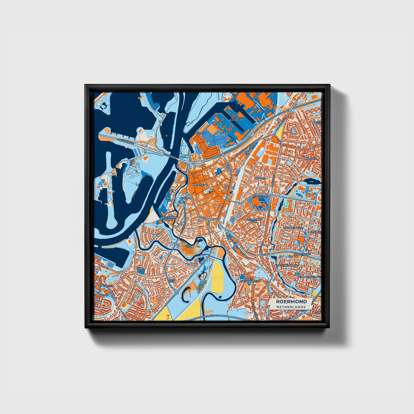 Roermond Netherlands Colorful City Map Canvas Print • Black Framed