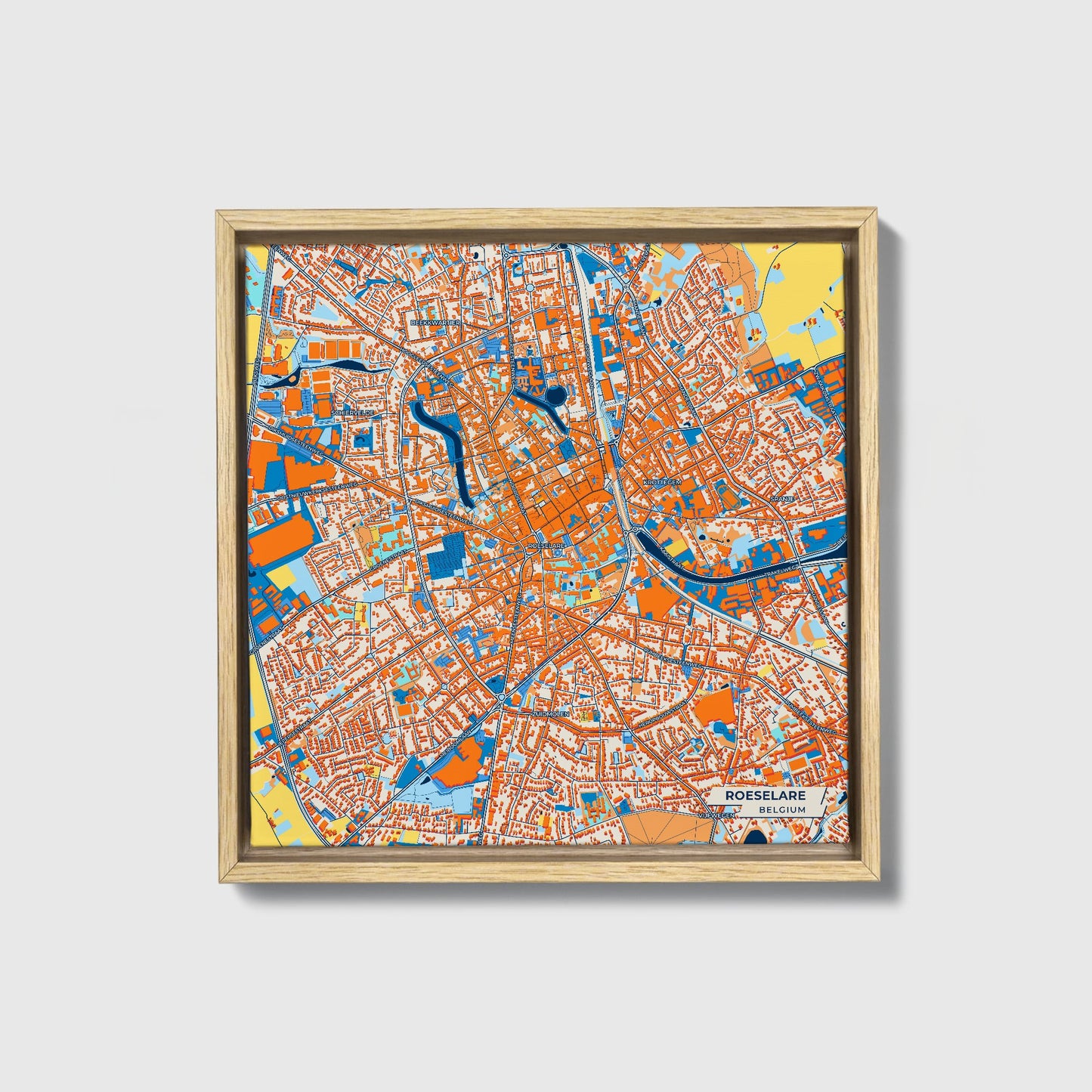 Roeselare  Belgium Colorful City Map Canvas Print • Natural Wooden Framed