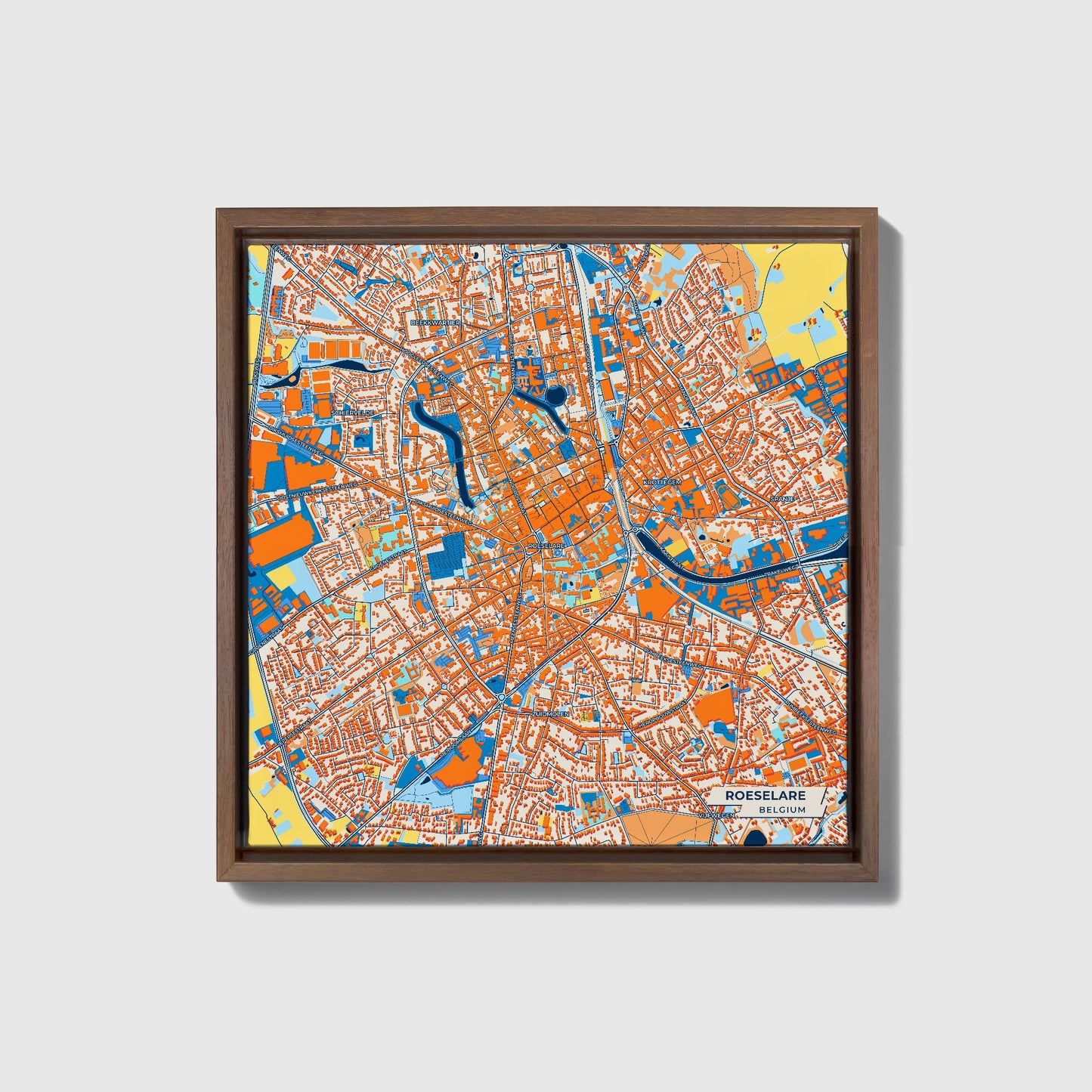 Roeselare  Belgium Colorful City Map Canvas Print • Dark Wooden Framed