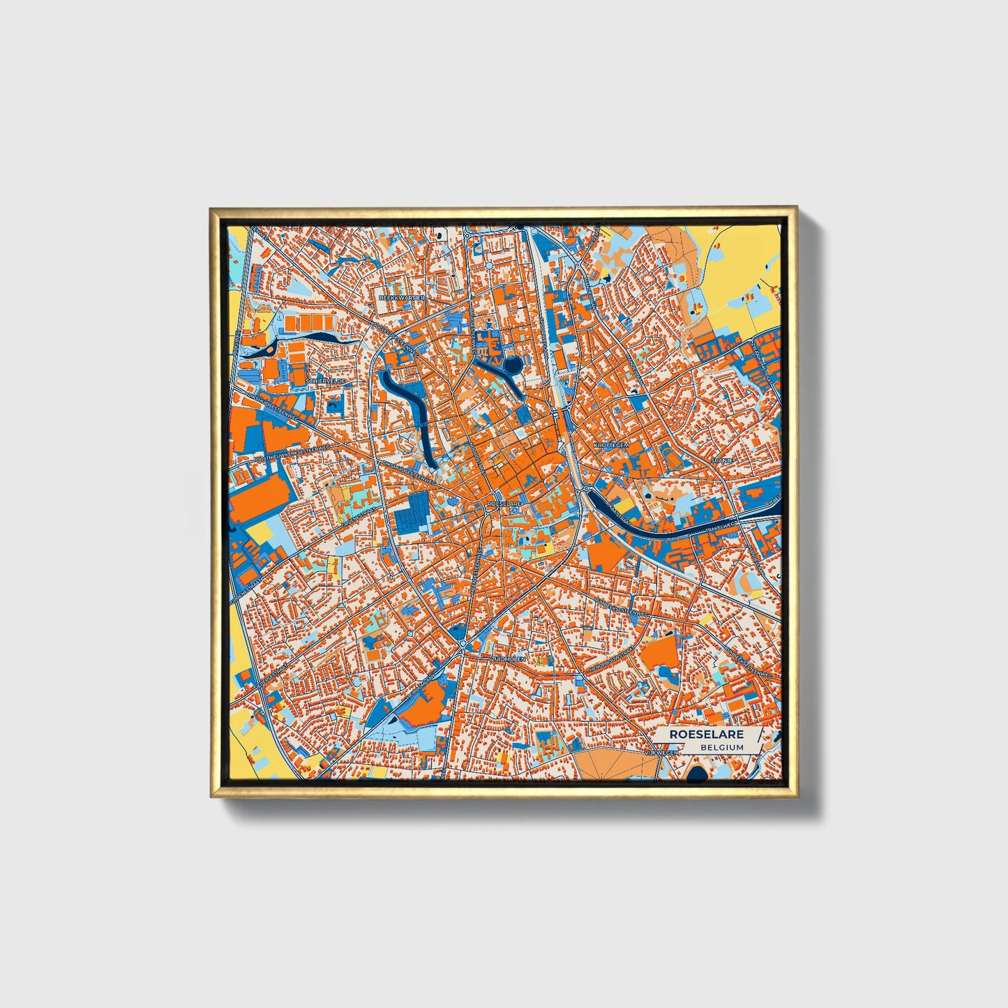 Roeselare  Belgium Colorful City Map Canvas Print • Gold Framed