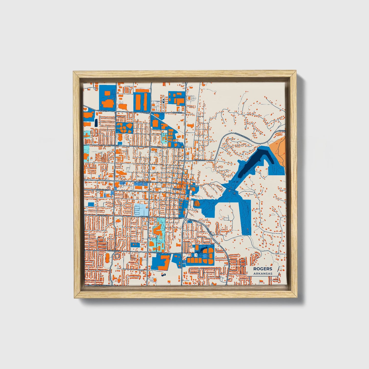 Rogers Arkansas Colorful City Map Canvas Print • Natural Wooden Framed