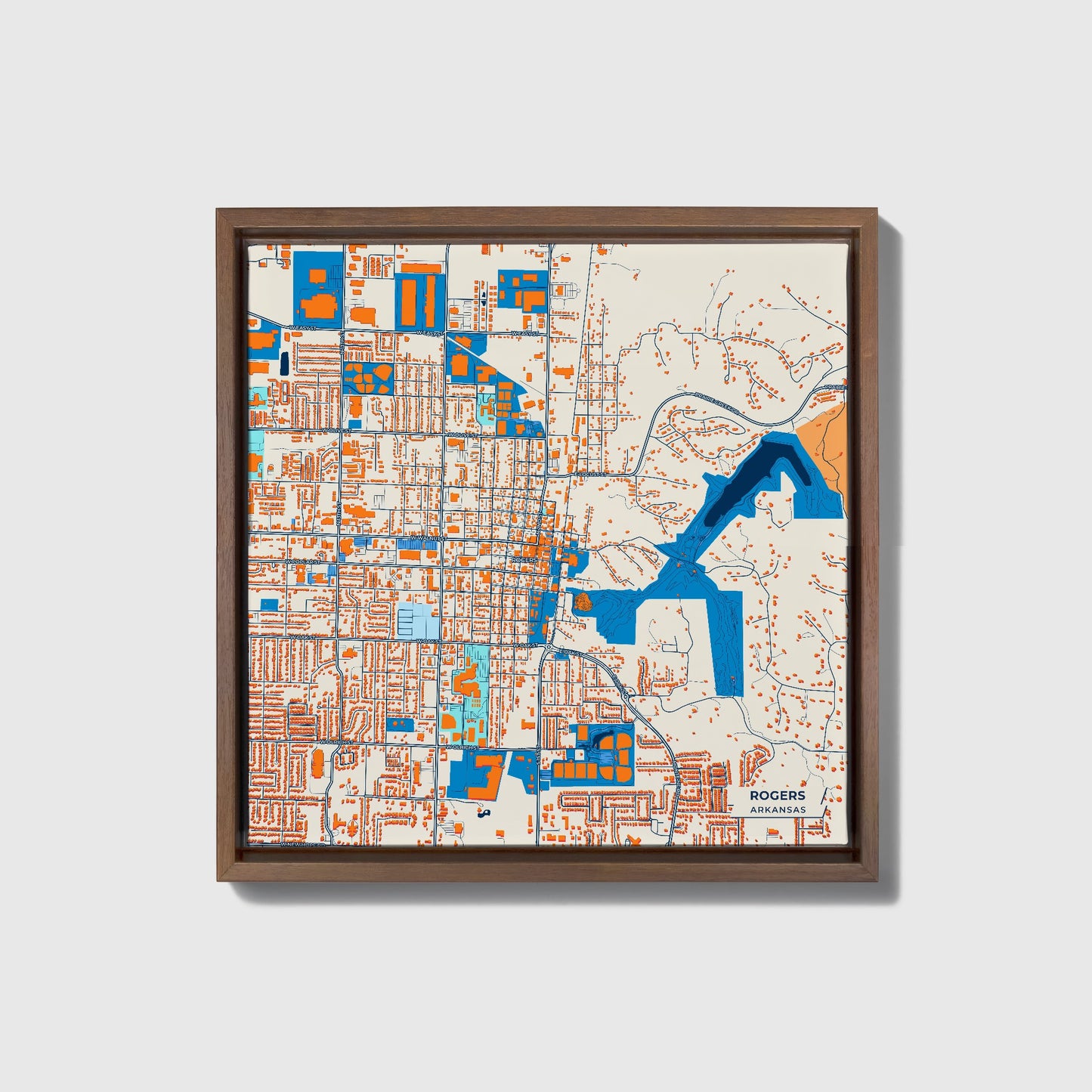 Rogers Arkansas Colorful City Map Canvas Print • Dark Wooden Framed