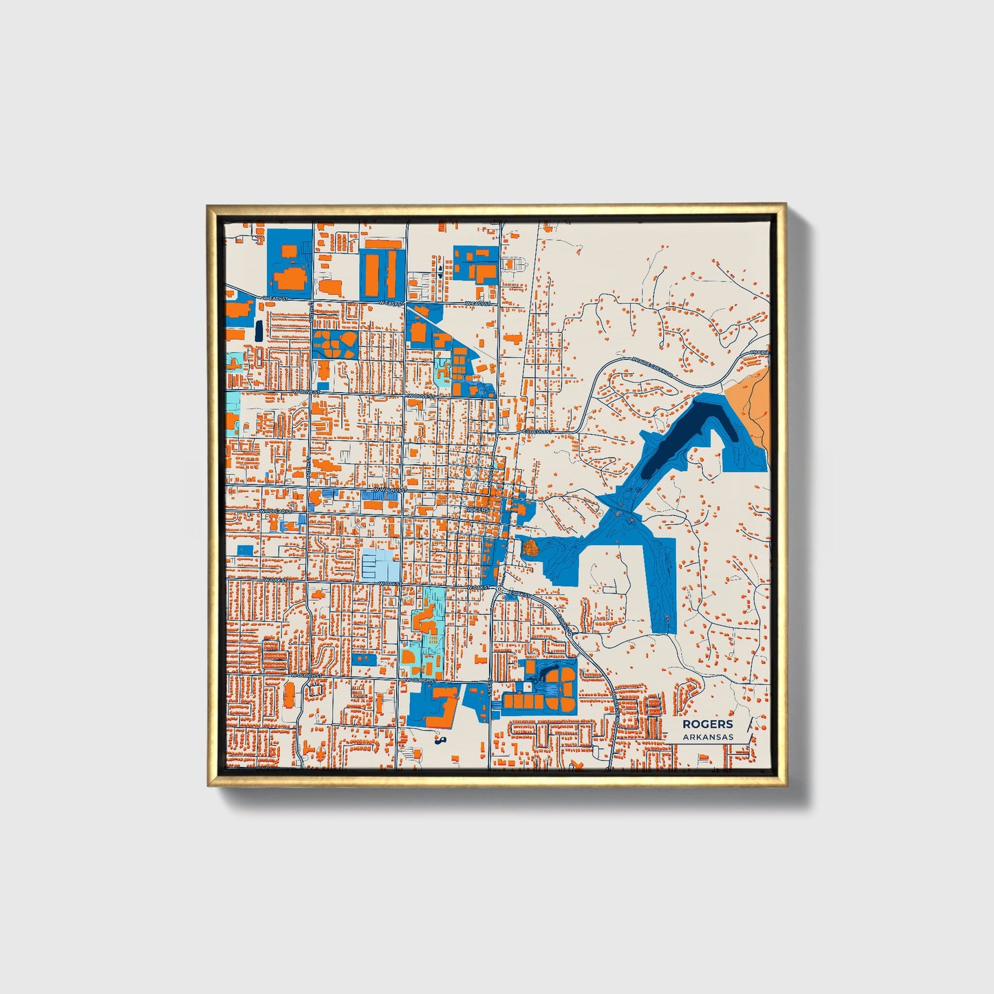Rogers Arkansas Colorful City Map Canvas Print • Gold Framed