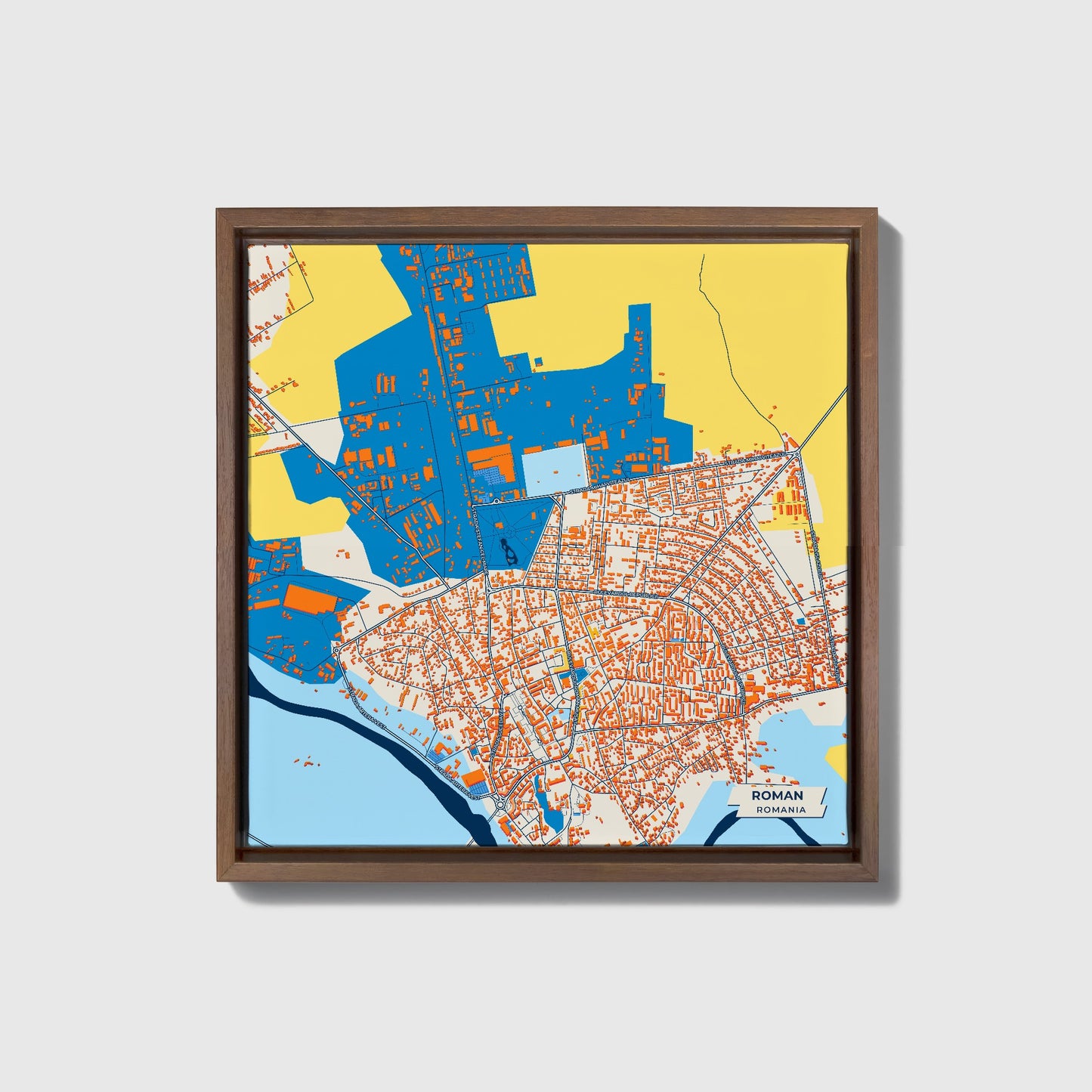 Roman Romania Colorful City Map Canvas Print • Dark Wooden Framed