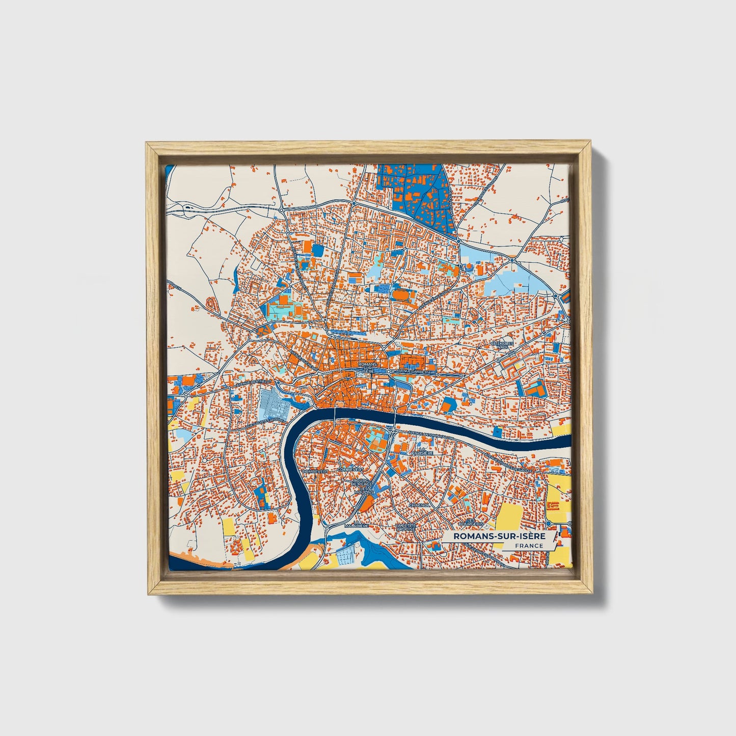 Romans-Sur-Isère France Colorful City Map Canvas Print • Natural Wooden Framed