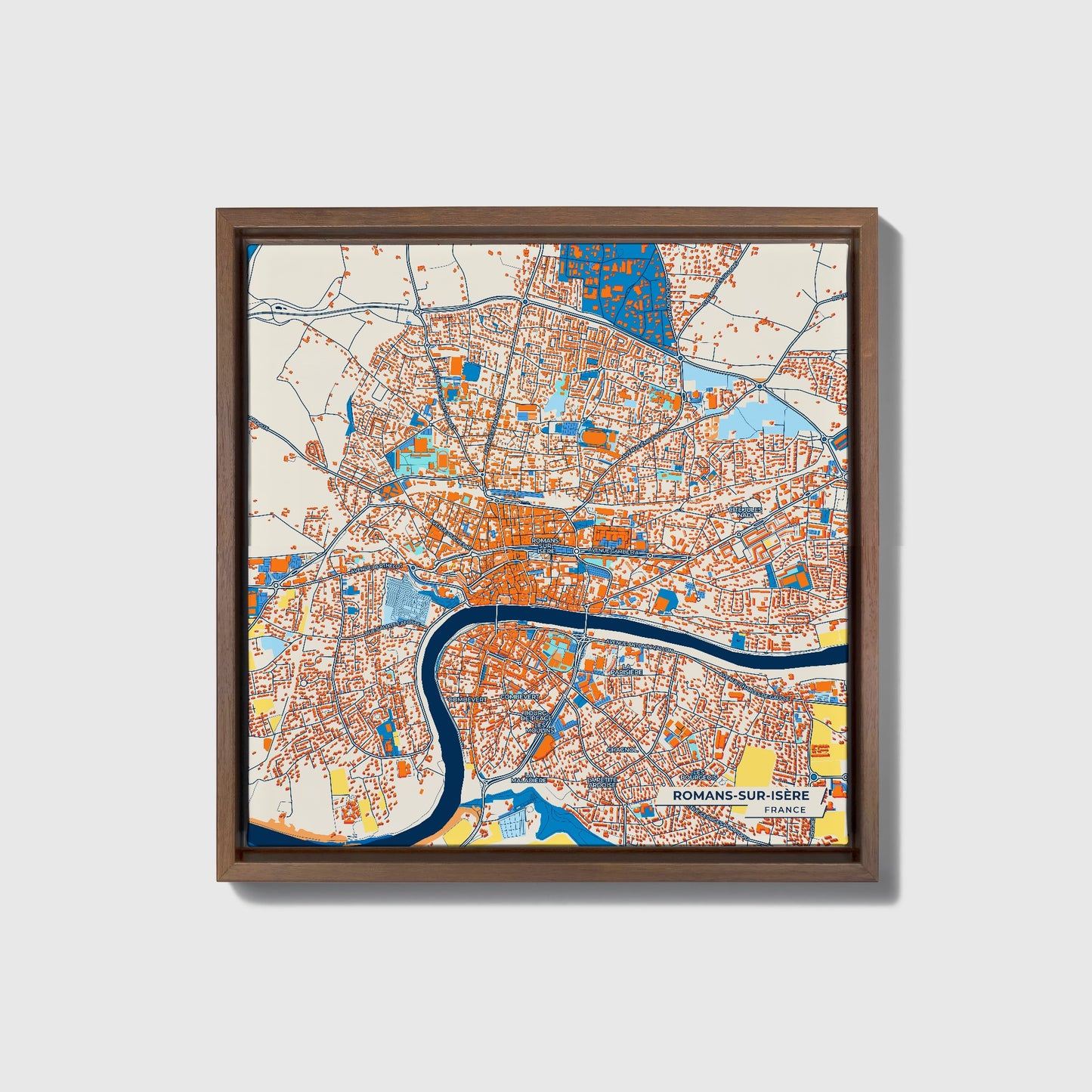 Romans-Sur-Isère France Colorful City Map Canvas Print • Dark Wooden Framed