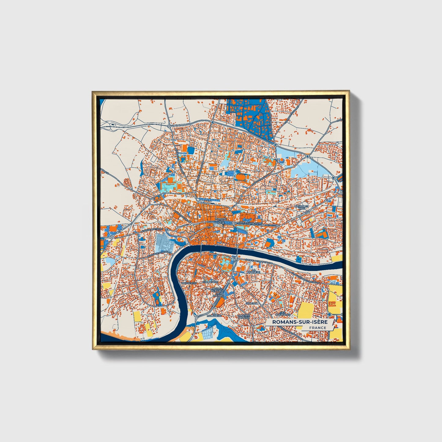 Romans-Sur-Isère France Colorful City Map Canvas Print • Gold Framed