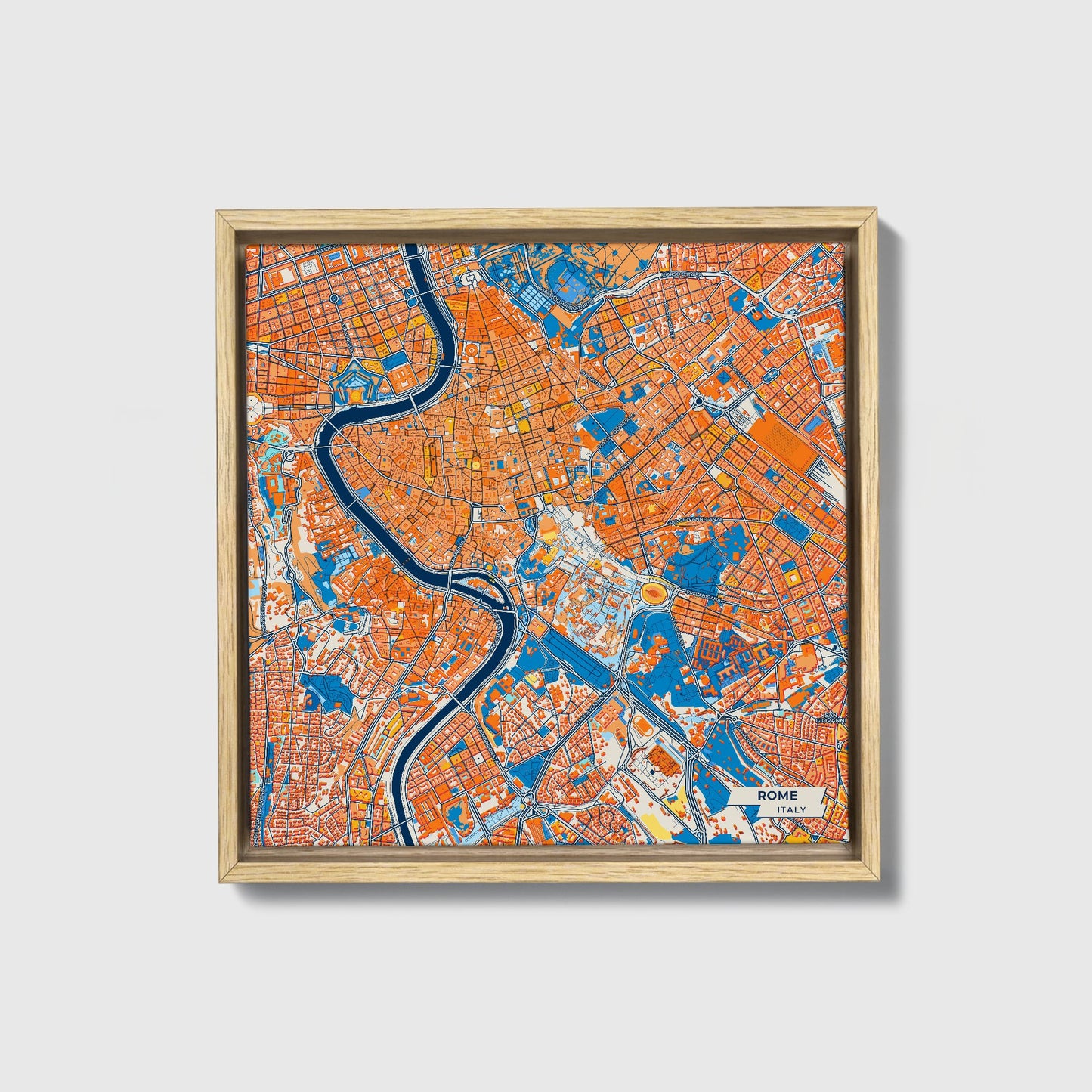 Roma Italy Colorful City Map Canvas Print • Natural Wooden Framed