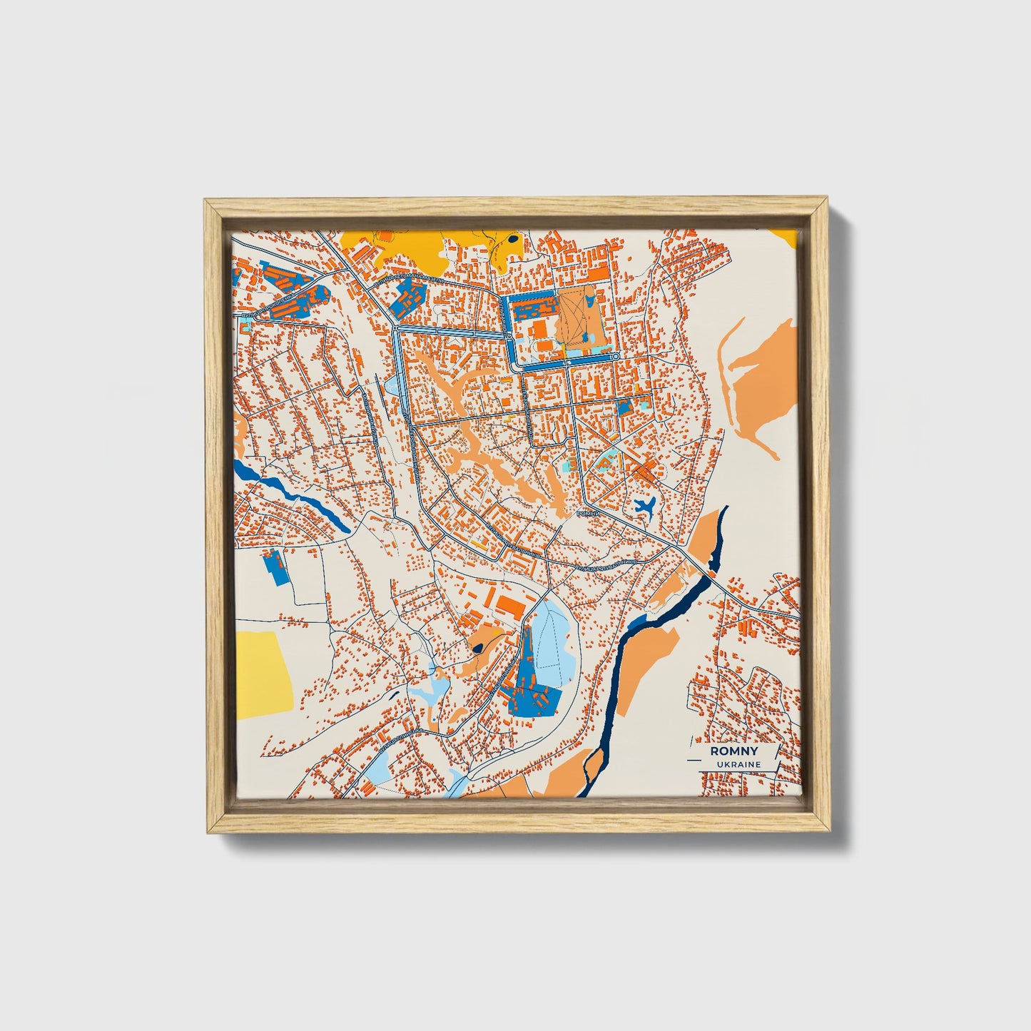 Ромни Ukraine Colorful City Map Canvas Print • Natural Wooden Framed