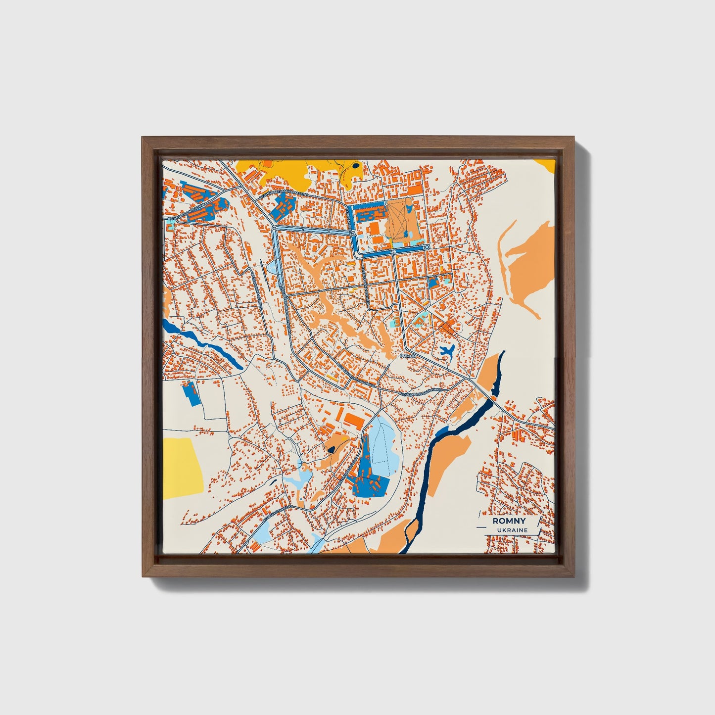 Ромни Ukraine Colorful City Map Canvas Print • Dark Wooden Framed