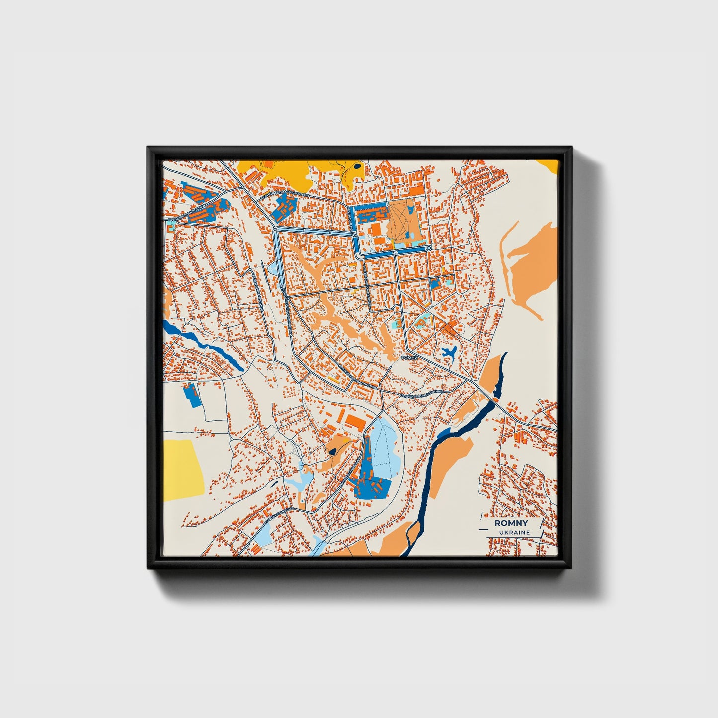 Ромни Ukraine Colorful City Map Canvas Print • Black Framed
