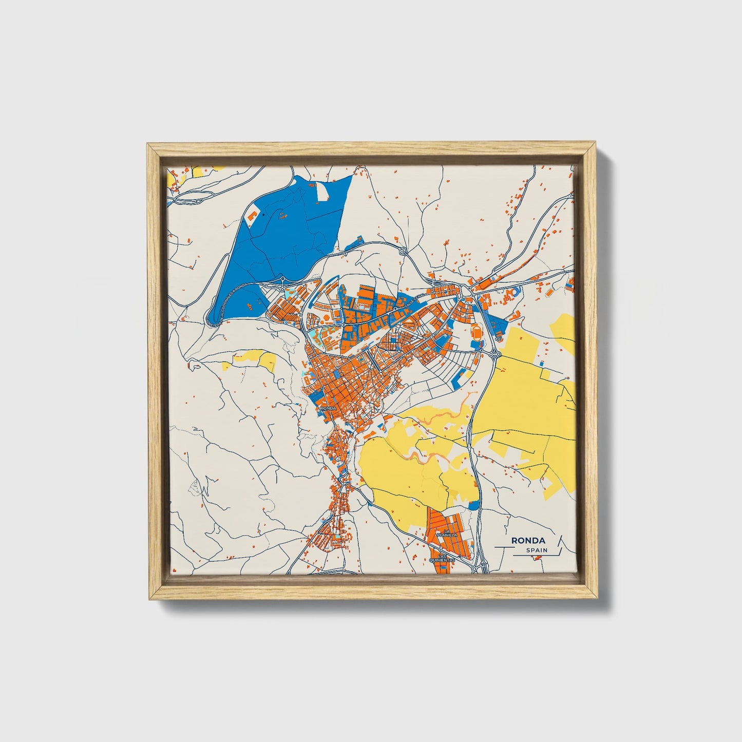 Ronda Spain Colorful City Map Canvas Print • Natural Wooden Framed