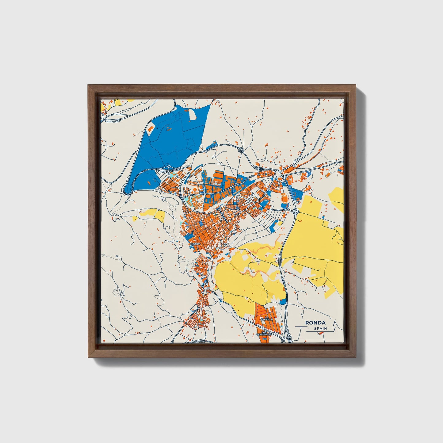 Ronda Spain Colorful City Map Canvas Print • Dark Wooden Framed
