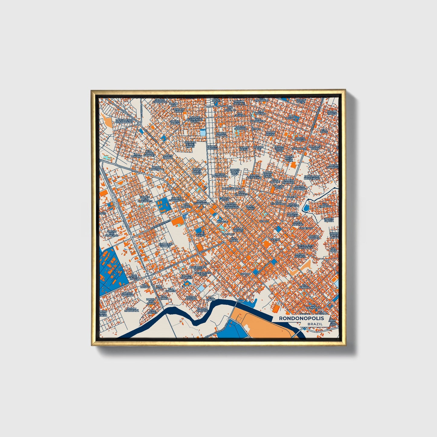 Rondonopolis Brazil Colorful City Map Canvas Print • Gold Framed