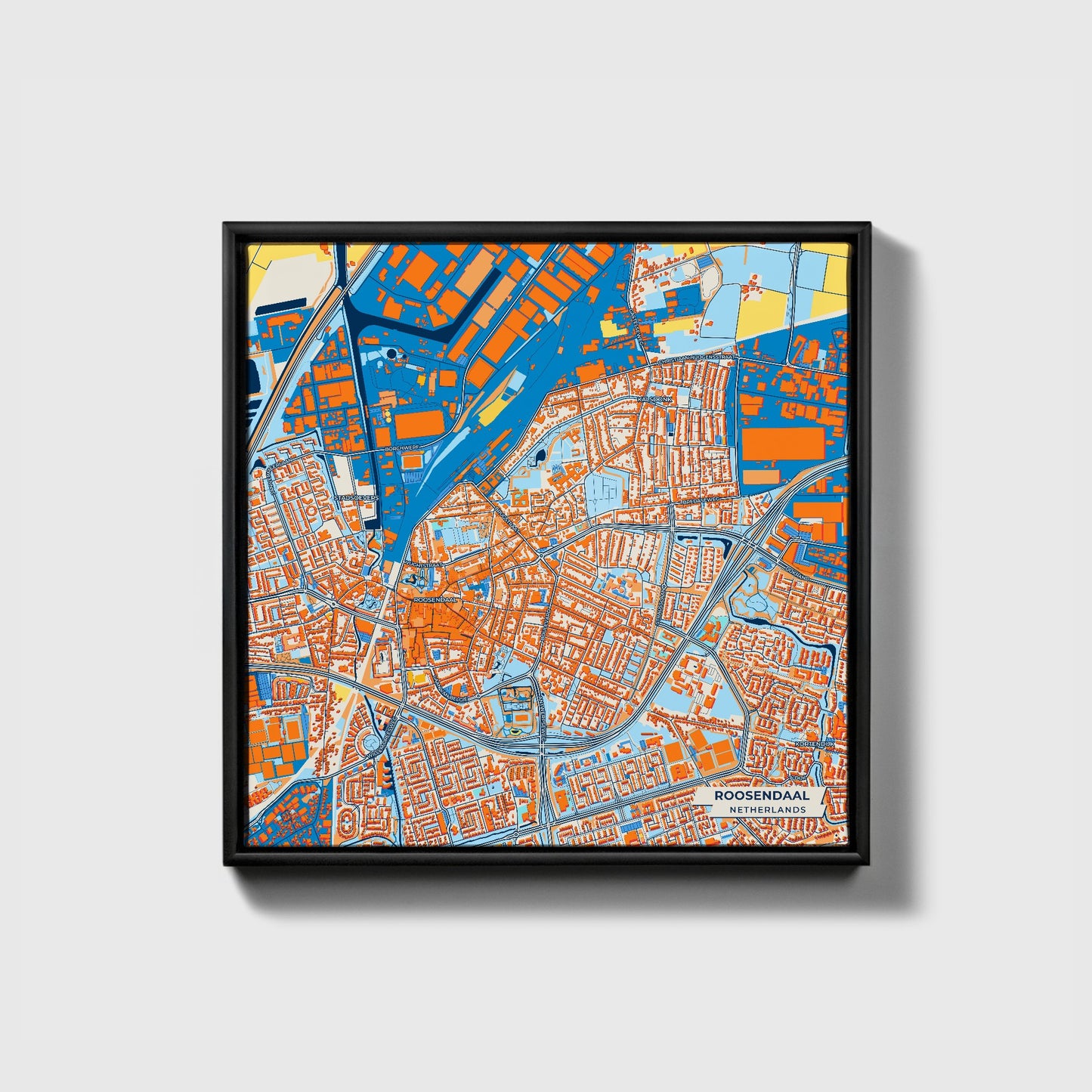 Roosendaal Netherlands Colorful City Map Canvas Print • Black Framed