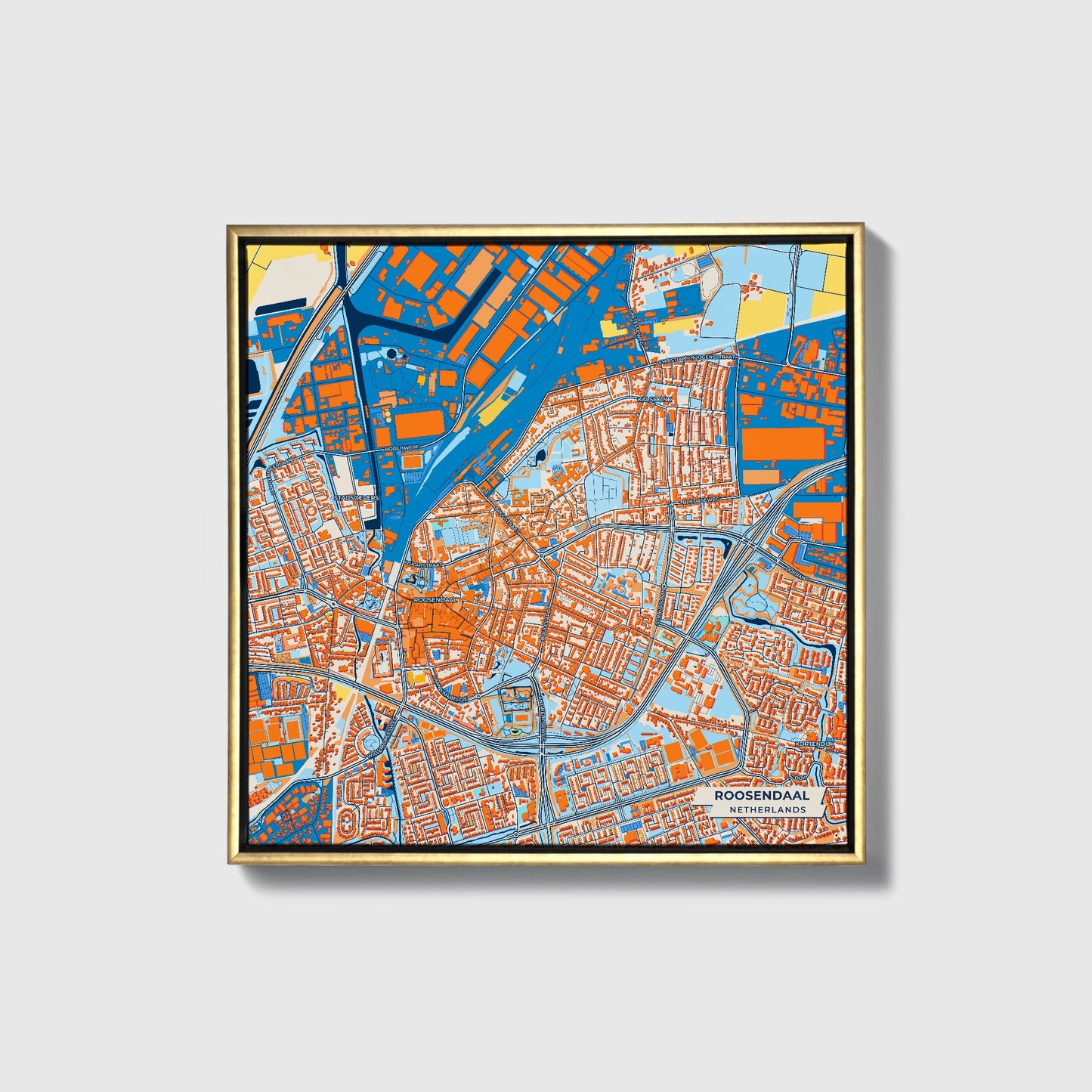 Roosendaal Netherlands Colorful City Map Canvas Print • Gold Framed