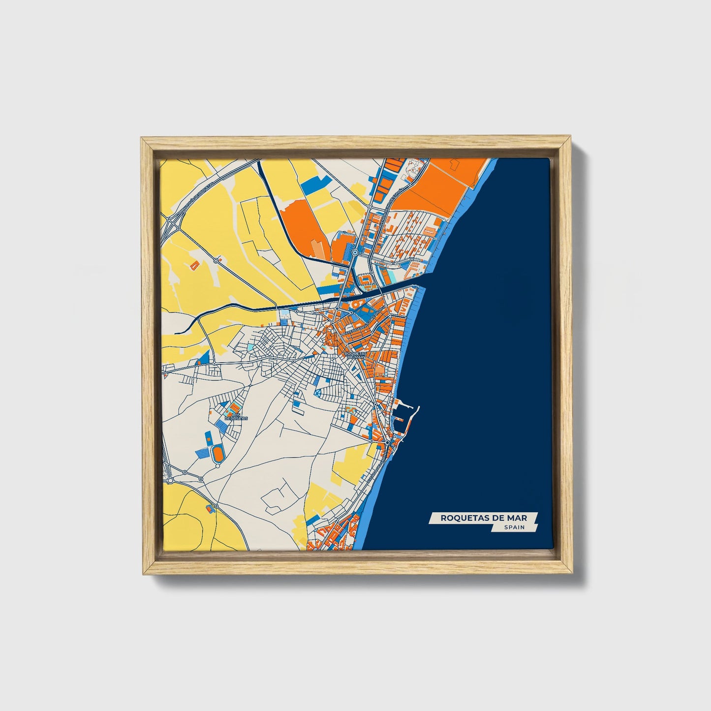 Roquetas De Mar Spain Colorful City Map Canvas Print • Natural Wooden Framed