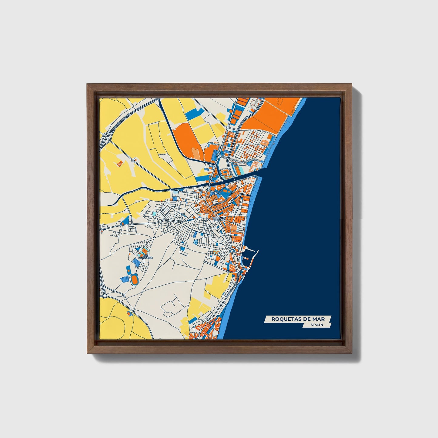 Roquetas De Mar Spain Colorful City Map Canvas Print • Dark Wooden Framed