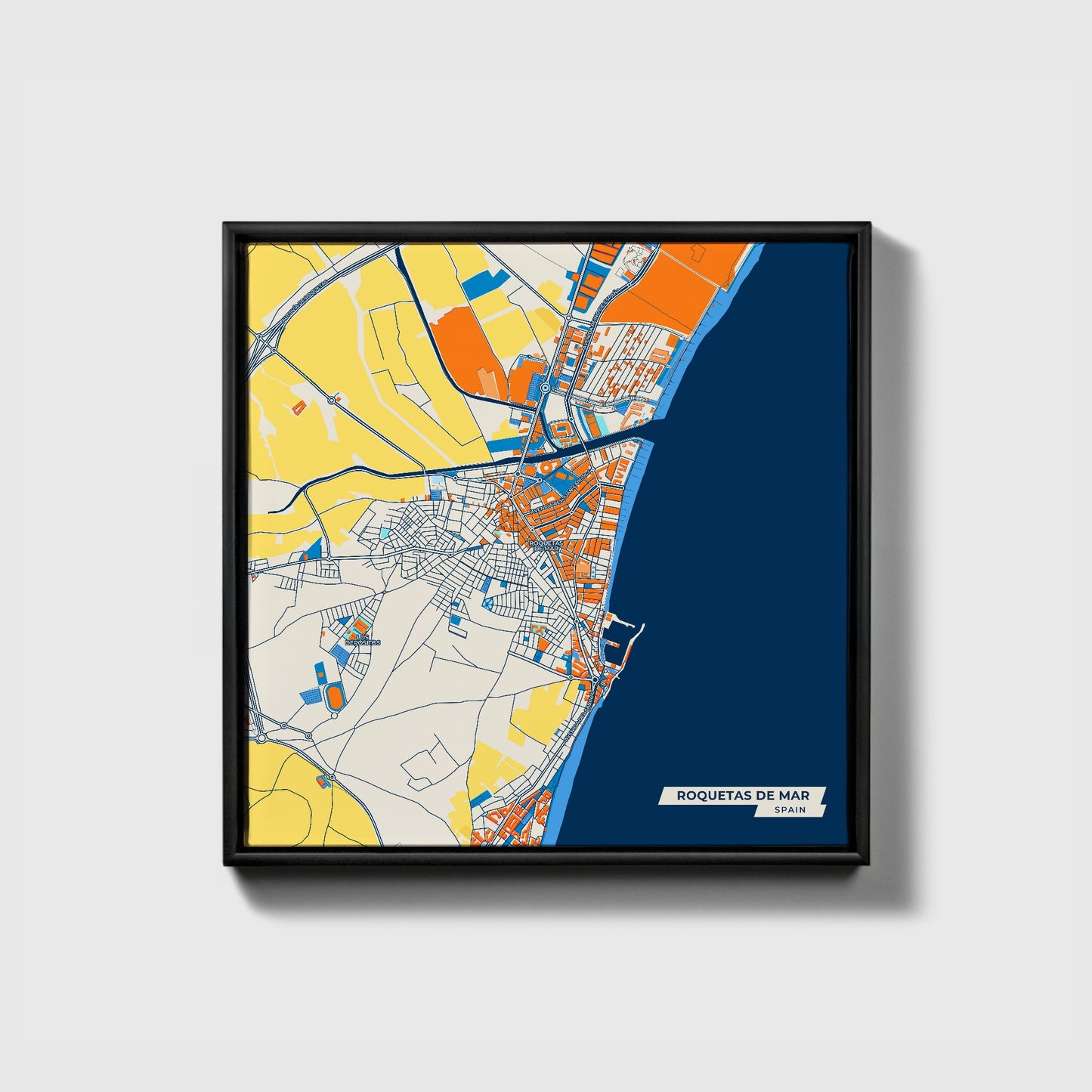 Roquetas De Mar Spain Colorful City Map Canvas Print • Black Framed