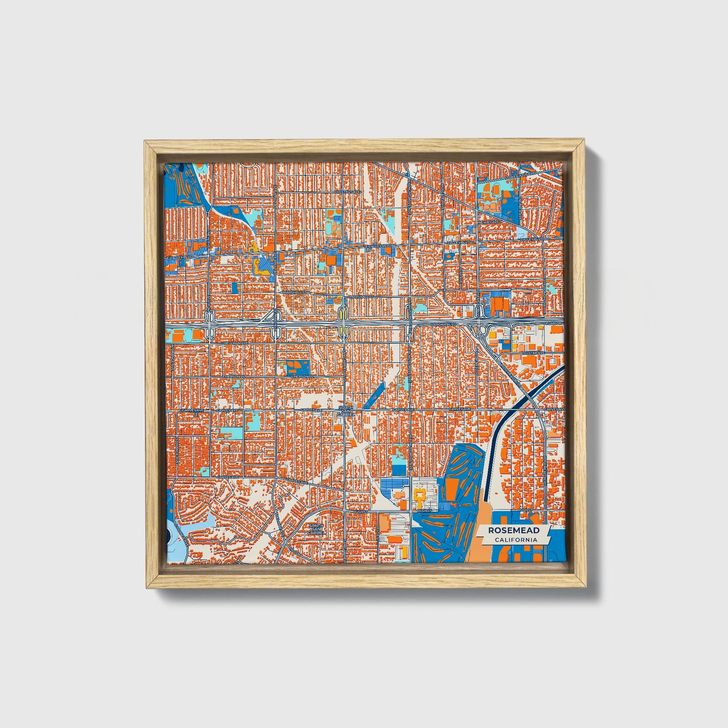 Rosemead California Colorful City Map Canvas Print • Natural Wooden Framed