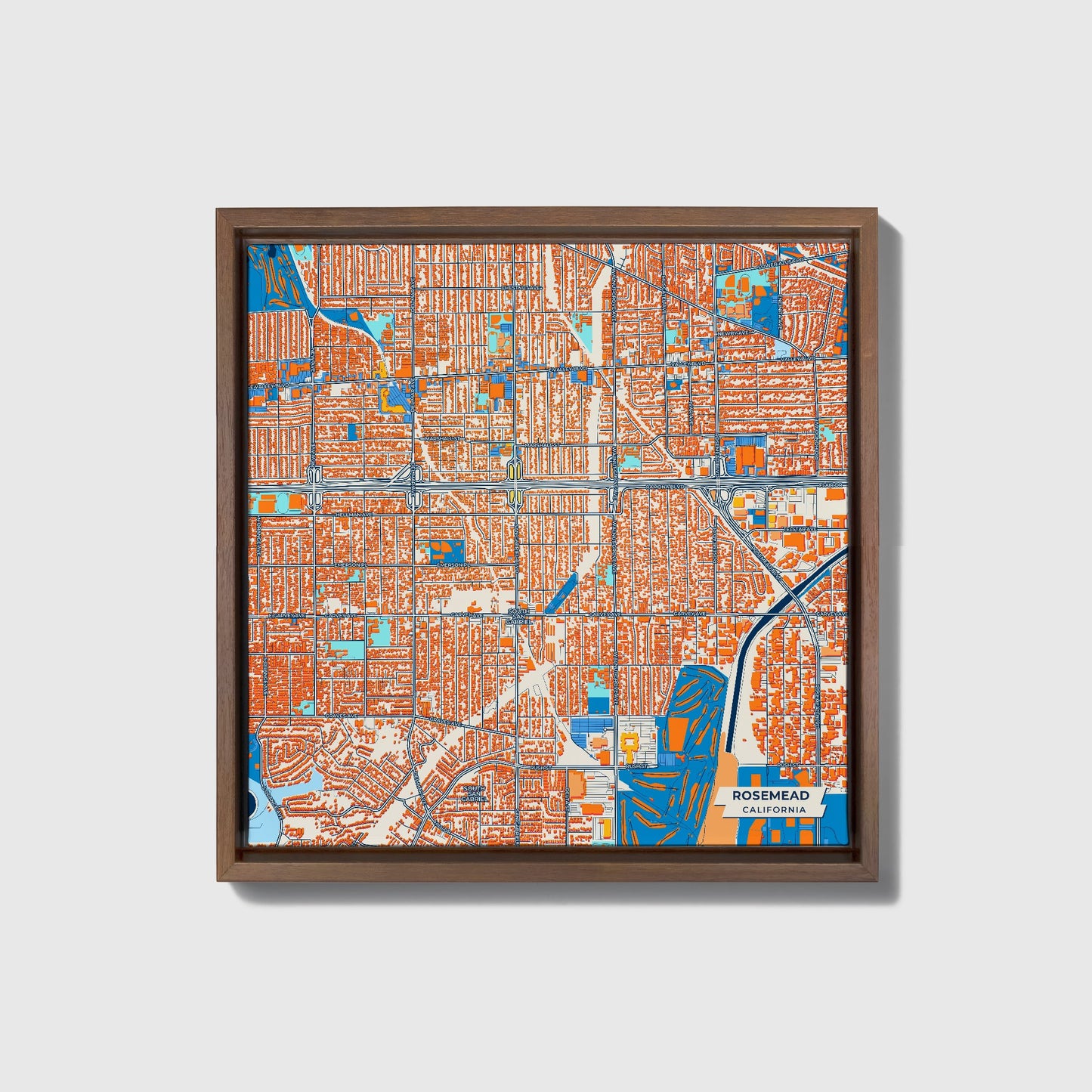 Rosemead California Colorful City Map Canvas Print • Dark Wooden Framed