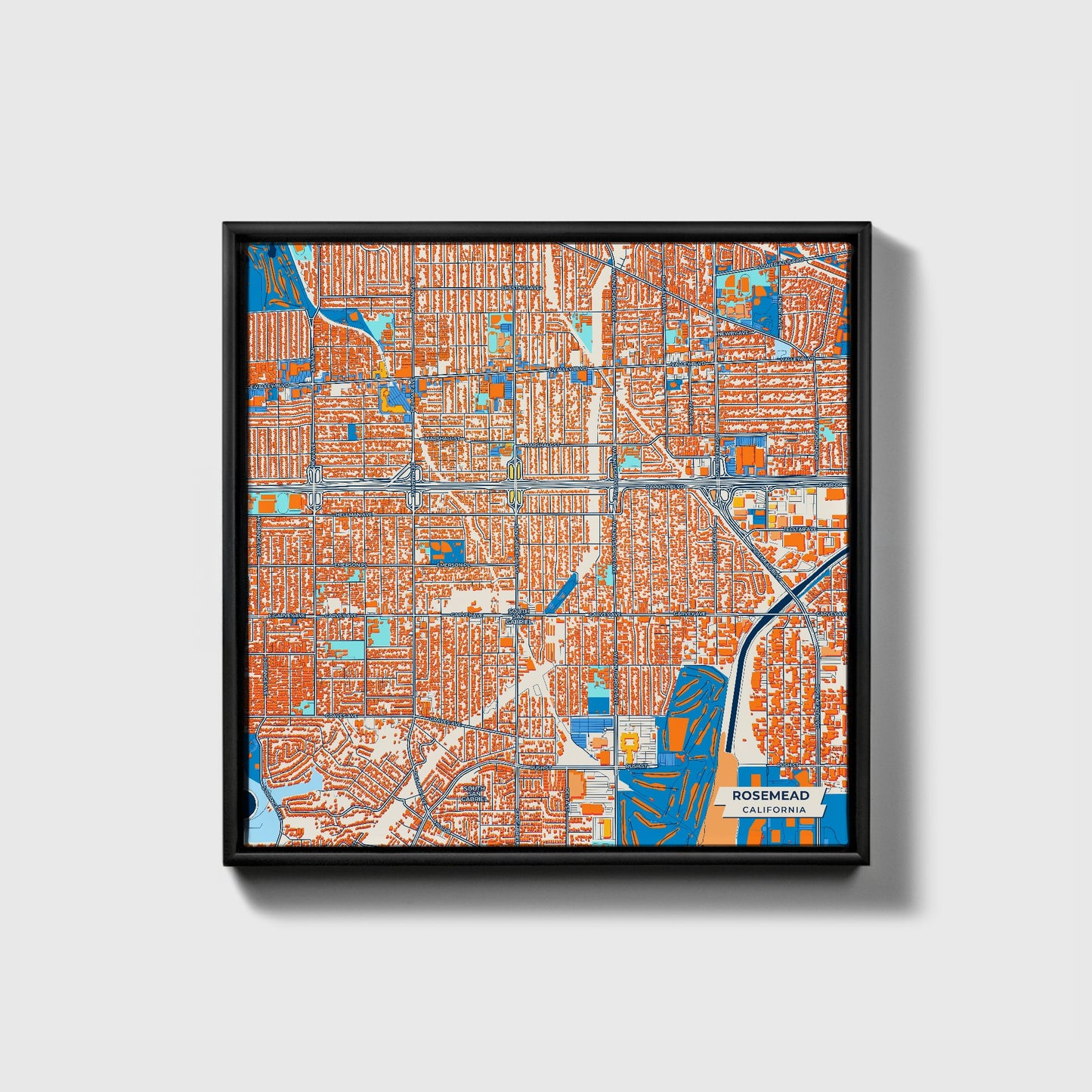 Rosemead California Colorful City Map Canvas Print • Black Framed