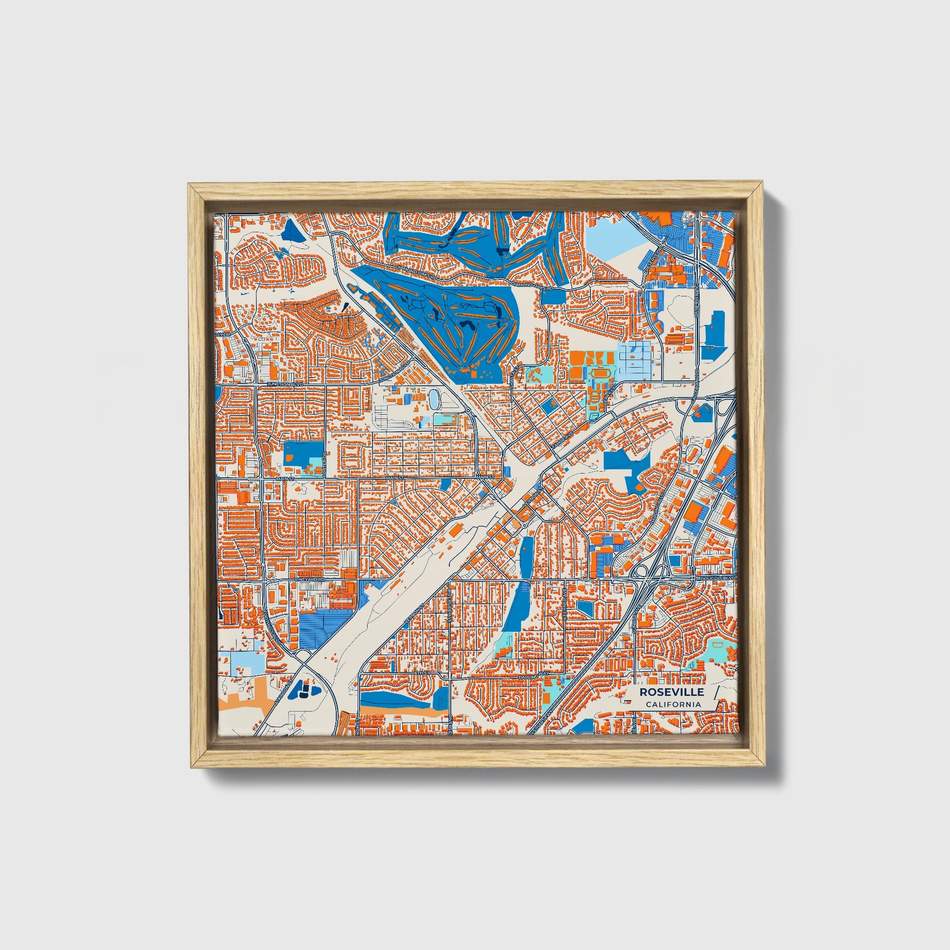 Roseville California Colorful City Map Canvas Print • Natural Wooden Framed