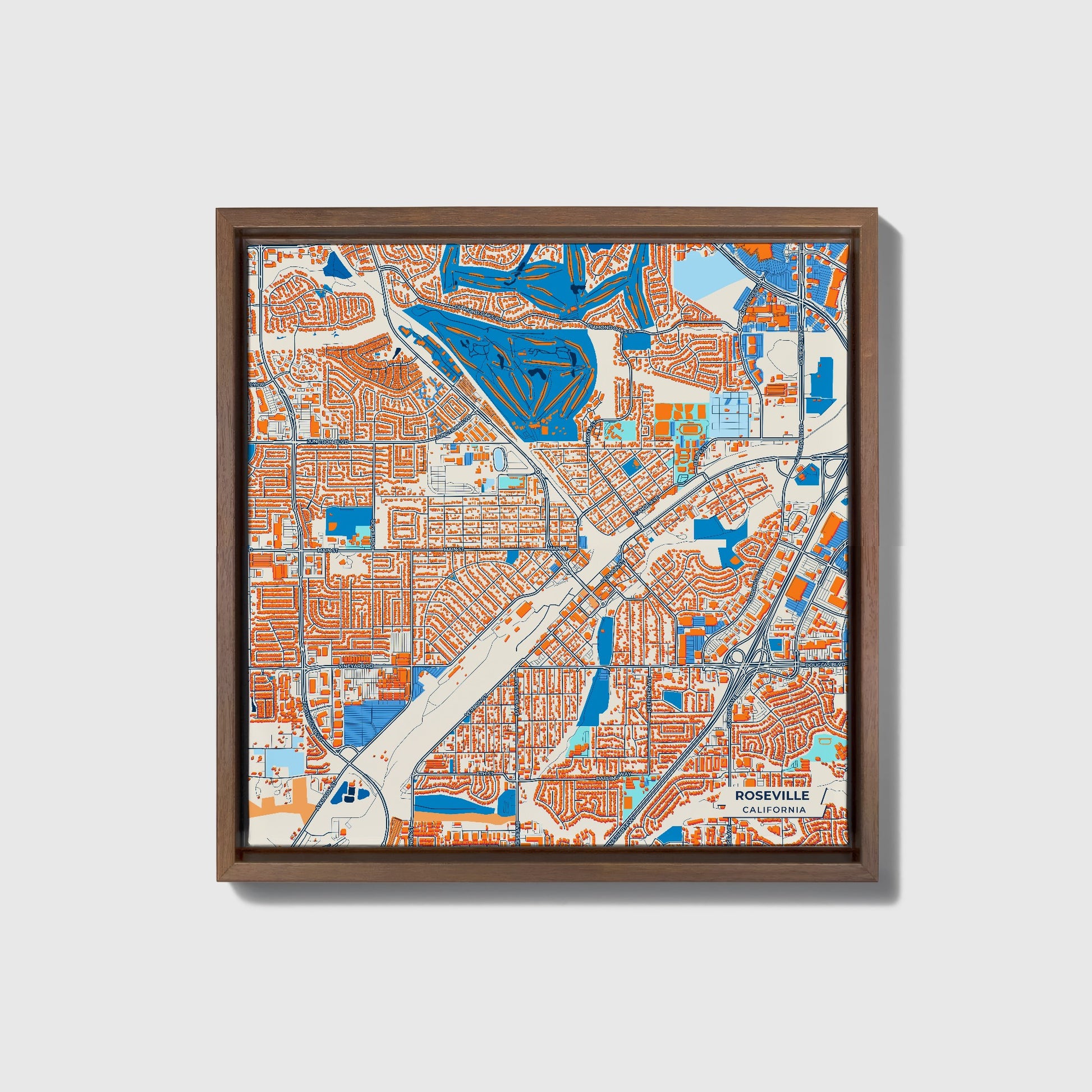 Roseville California Colorful City Map Canvas Print • Dark Wooden Framed