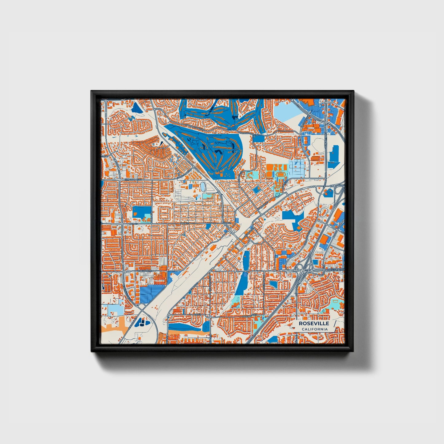 Roseville California Colorful City Map Canvas Print • Black Framed