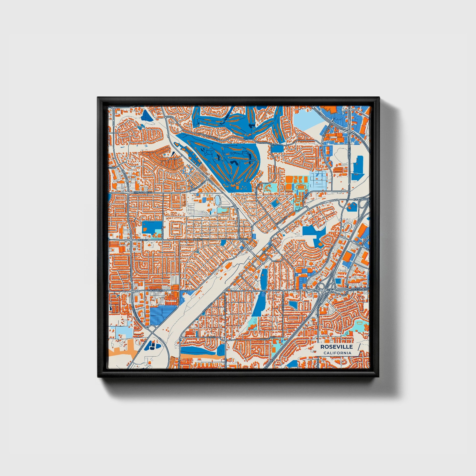 Roseville California Colorful City Map Canvas Print • Black Framed