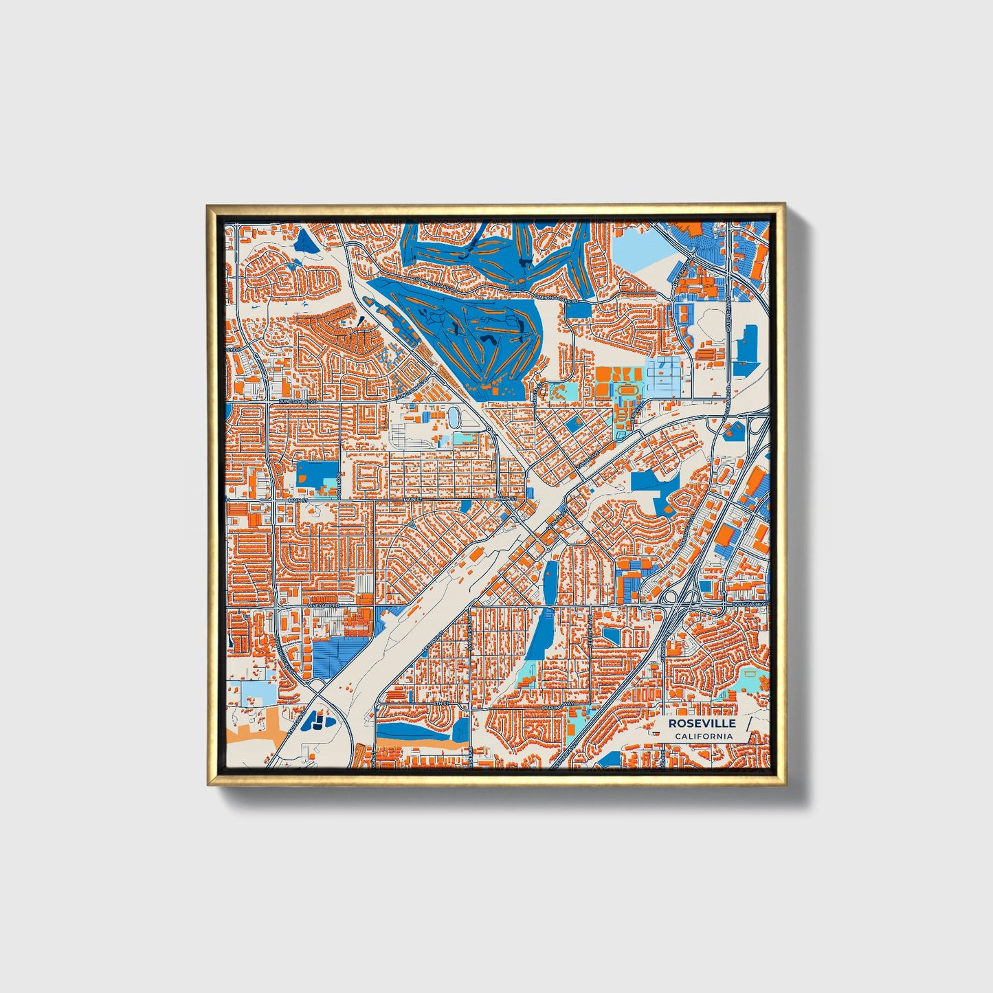 Roseville California Colorful City Map Canvas Print • Gold Framed