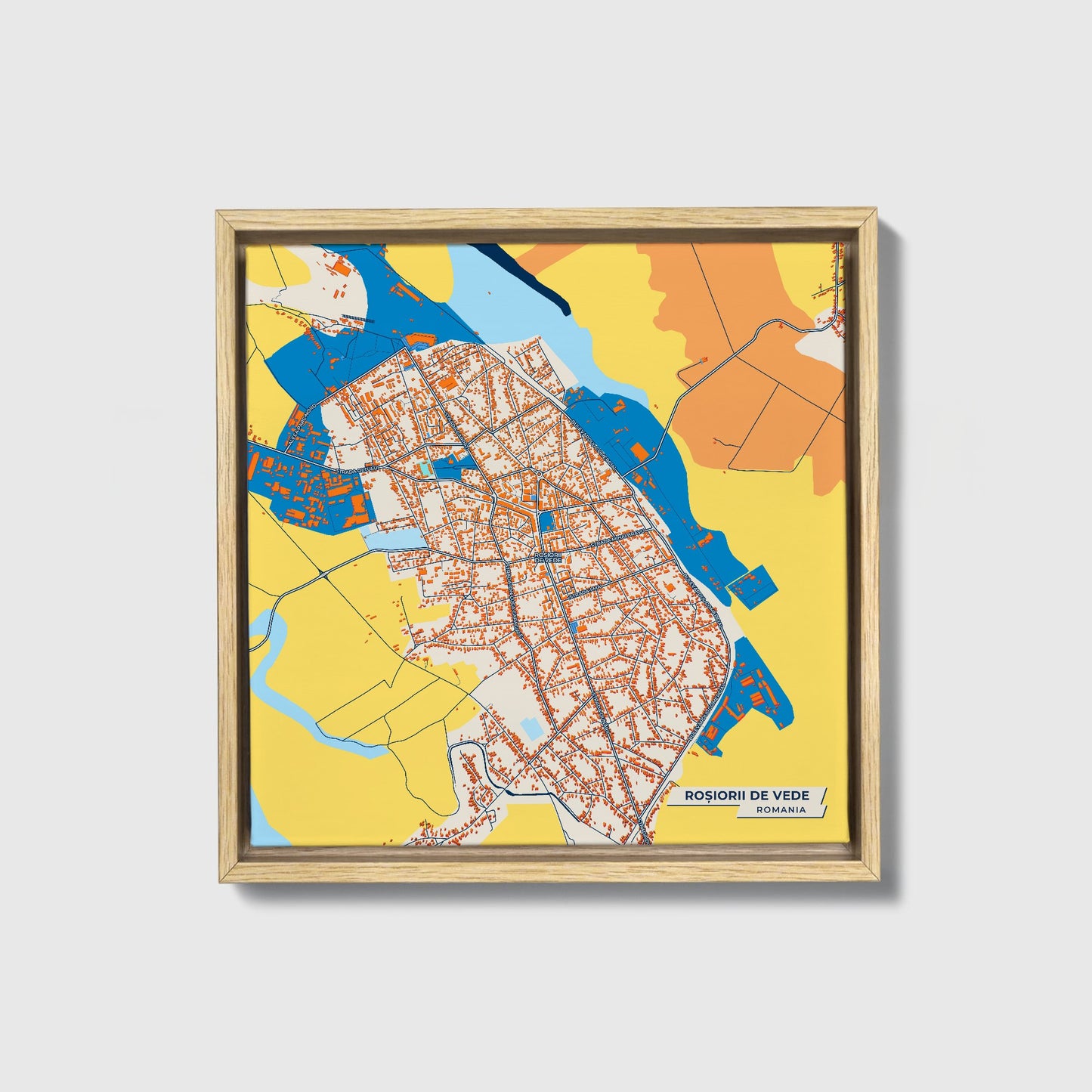 Roșiorii De Vede Romania Colorful City Map Canvas Print • Natural Wooden Framed