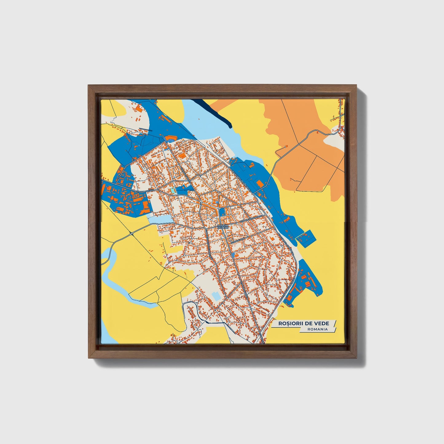 Roșiorii De Vede Romania Colorful City Map Canvas Print • Dark Wooden Framed