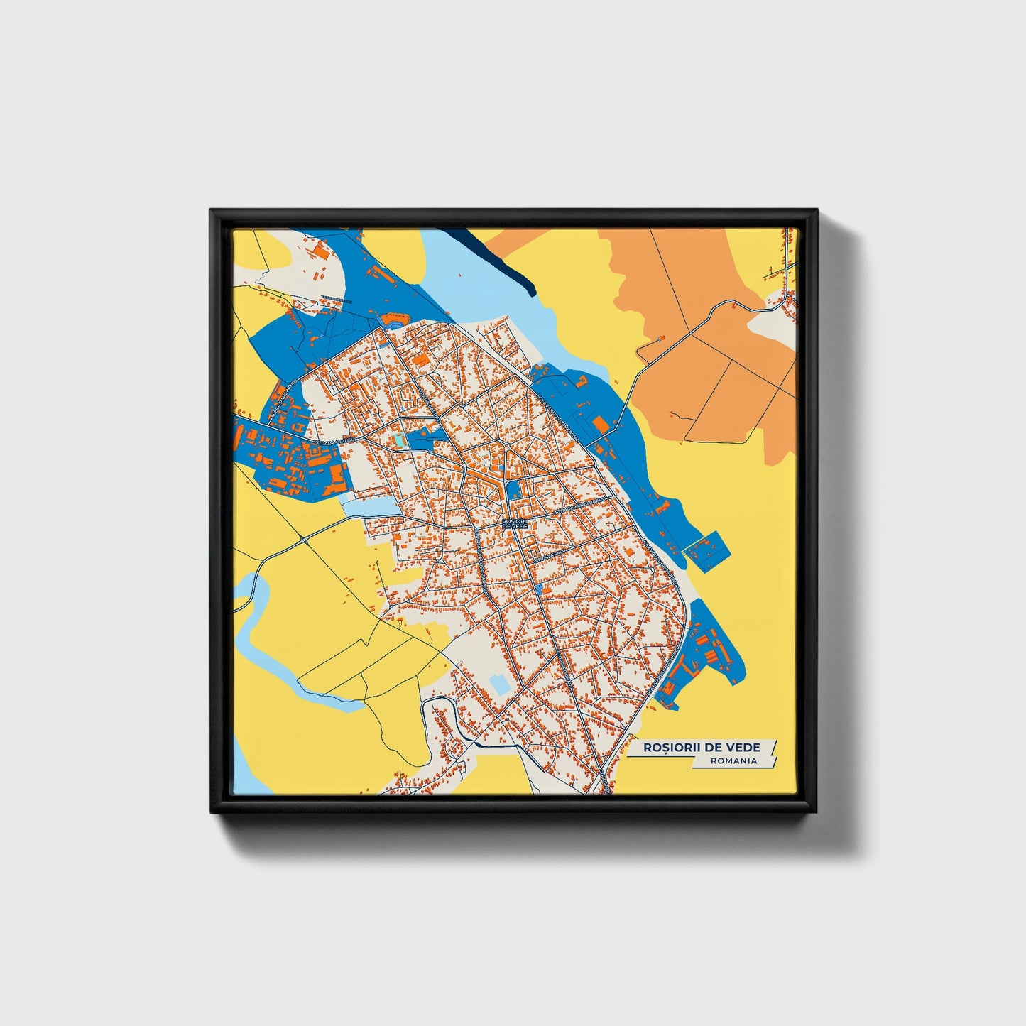 Roșiorii De Vede Romania Colorful City Map Canvas Print • Black Framed