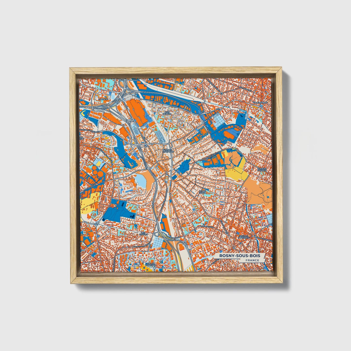 Rosny-Sous-Bois France Colorful City Map Canvas Print • Natural Wooden Framed