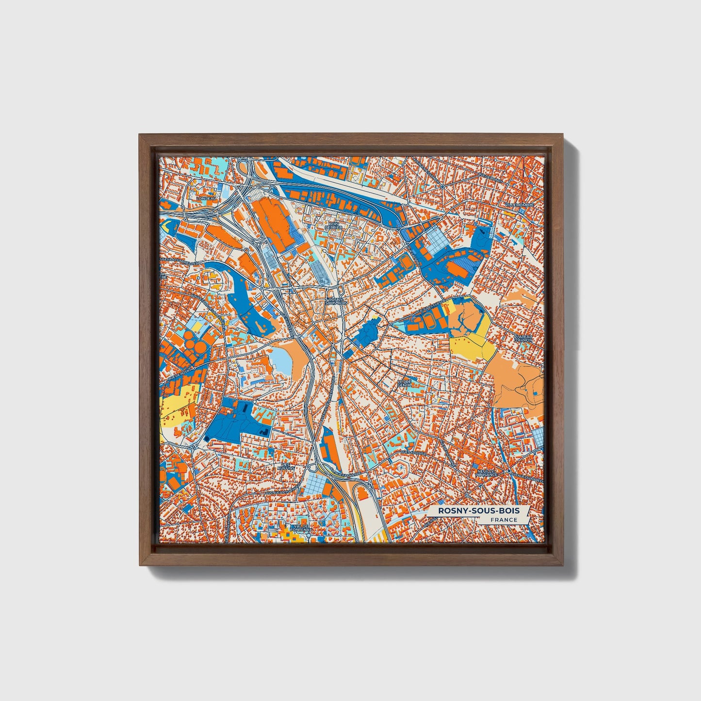Rosny-Sous-Bois France Colorful City Map Canvas Print • Dark Wooden Framed