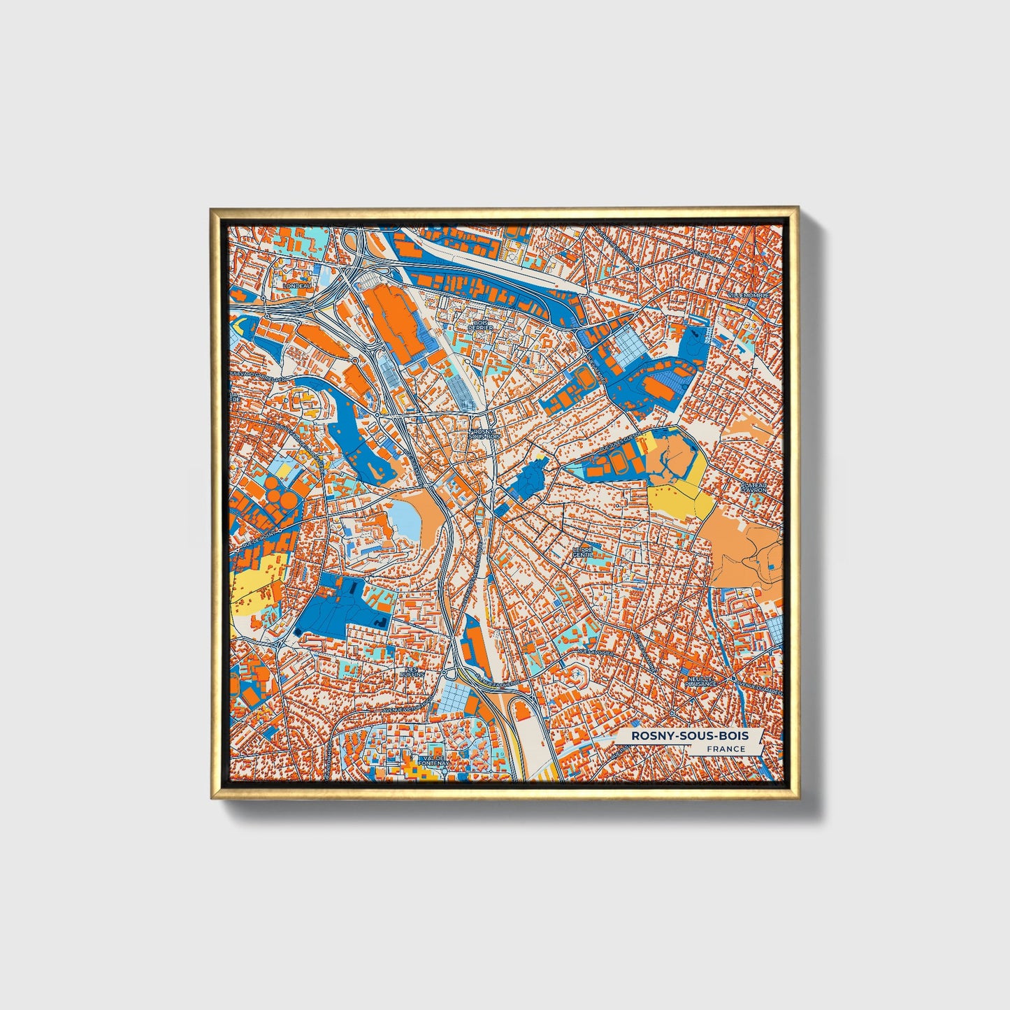 Rosny-Sous-Bois France Colorful City Map Canvas Print • Gold Framed