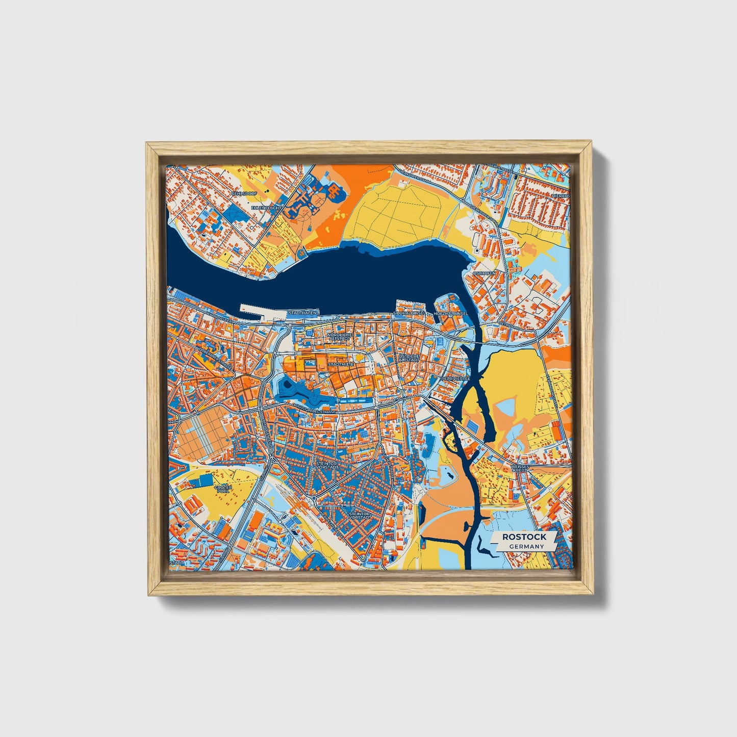 Rostock Germany Colorful City Map Canvas Print • Natural Wooden Framed
