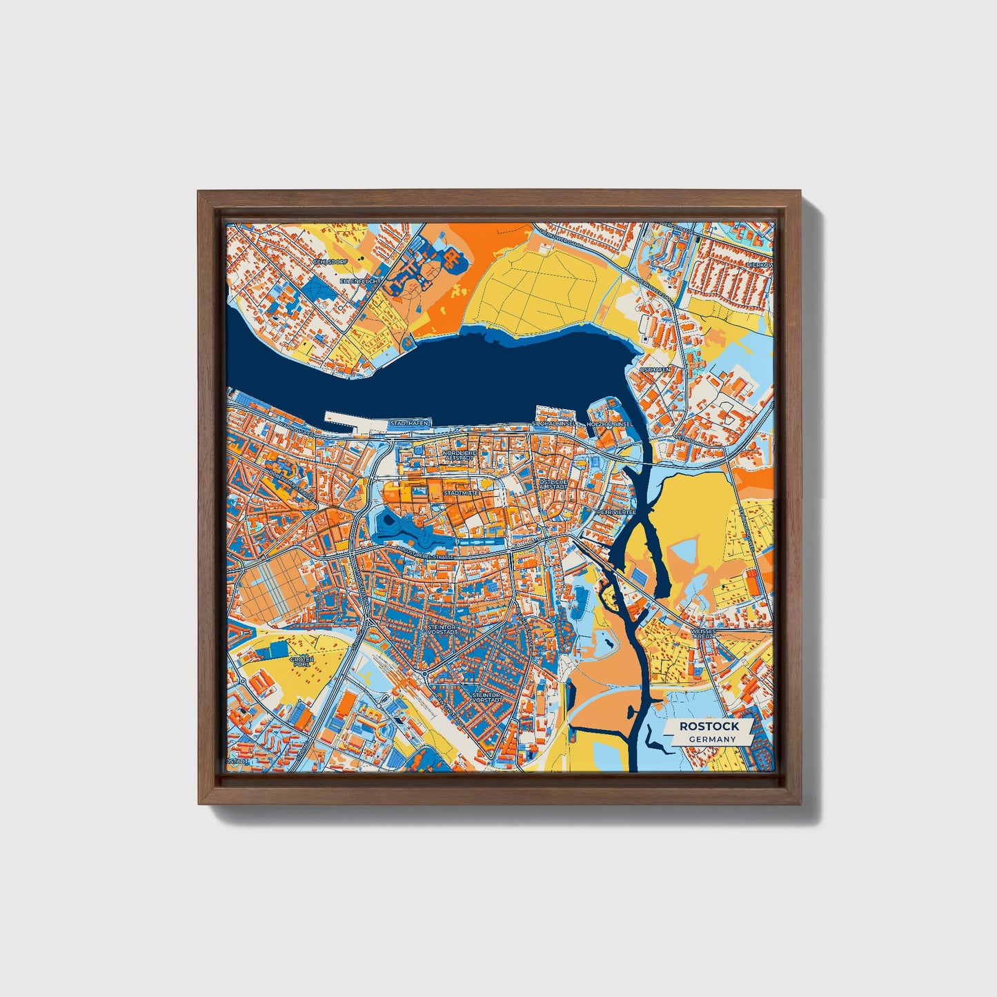 Rostock Germany Colorful City Map Canvas Print • Dark Wooden Framed