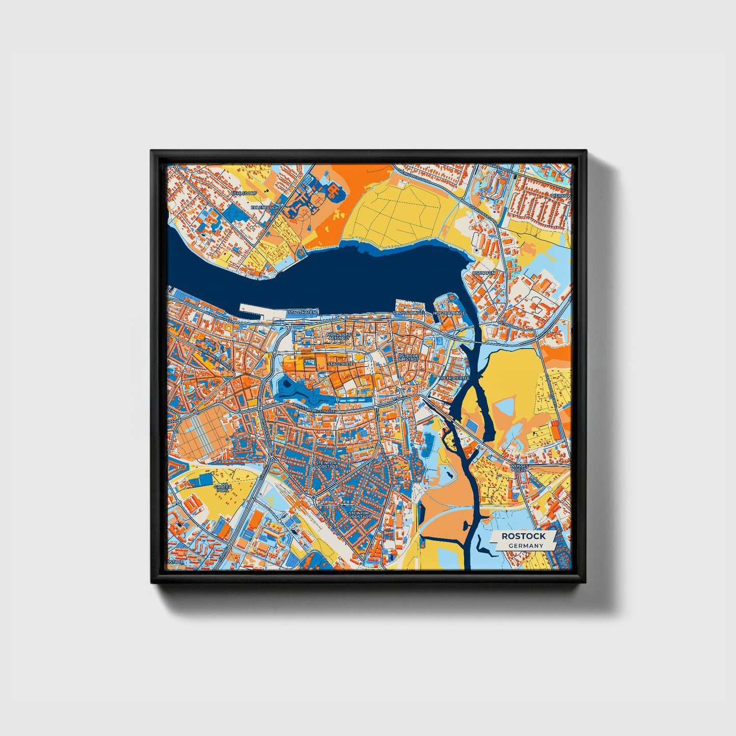 Rostock Germany Colorful City Map Canvas Print • Black Framed