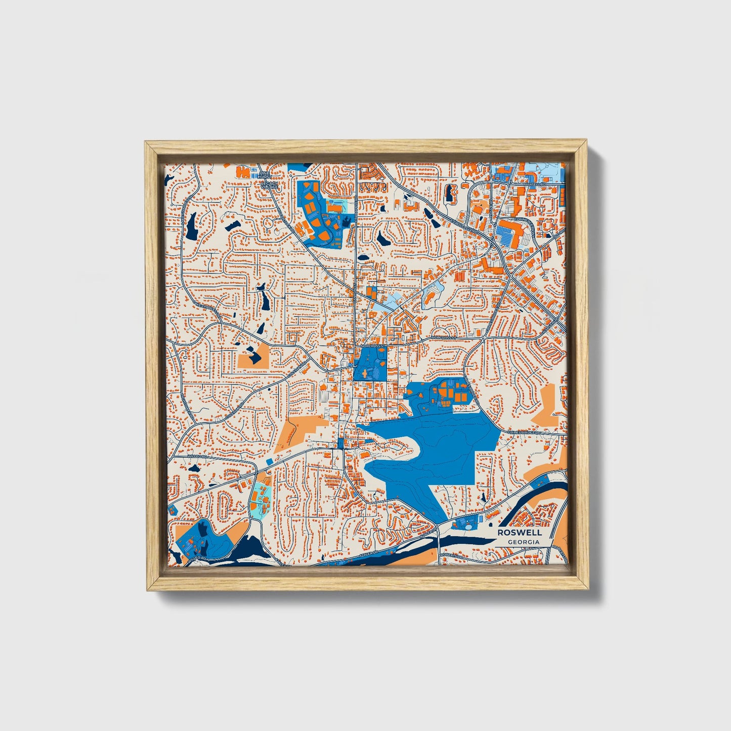 Roswell Georgia Colorful City Map Canvas Print • Natural Wooden Framed