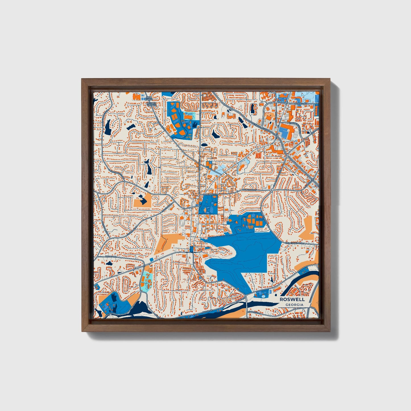 Roswell Georgia Colorful City Map Canvas Print • Dark Wooden Framed