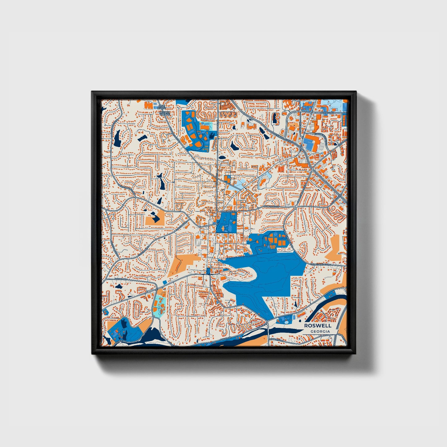 Roswell Georgia Colorful City Map Canvas Print • Black Framed